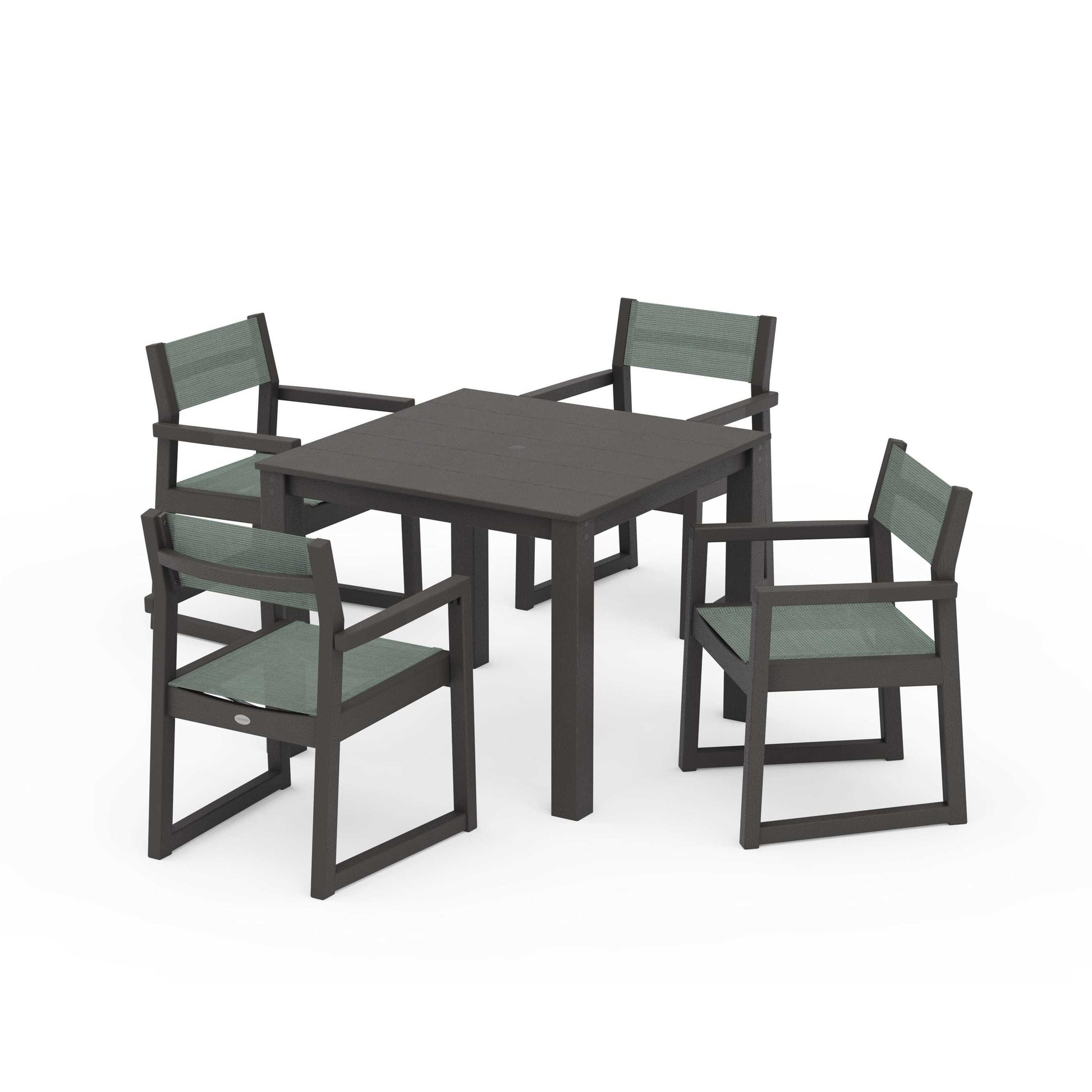 POLYWOOD EDGE Sling Arm Chair 5-Piece Parsons Dining Set — Vintage Coffee / Dupioni Sea Mist Sling