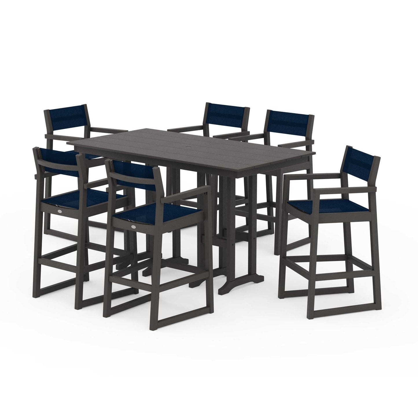 POLYWOOD EDGE Sling Arm Chair 7-Piece Farmhouse Bar Set — Vintage Coffee / Navy Blue Sling