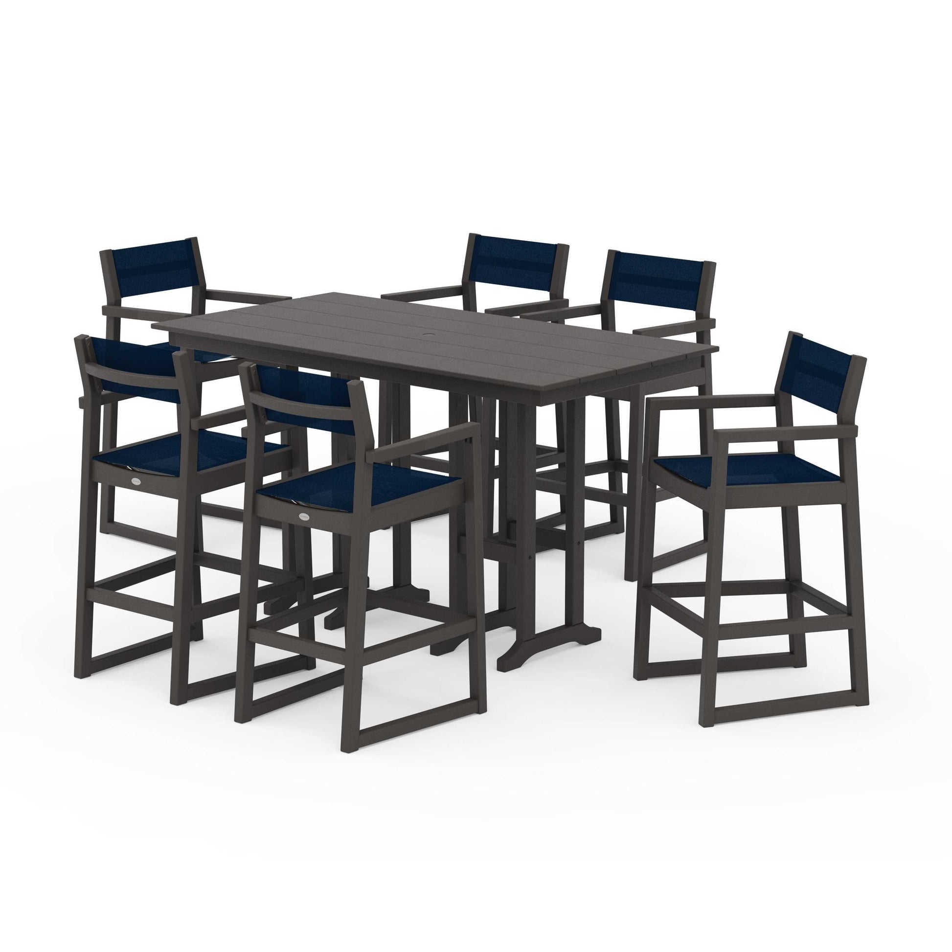 POLYWOOD EDGE Sling Arm Chair 7-Piece Farmhouse Bar Set — Vintage Coffee / Navy Blue Sling