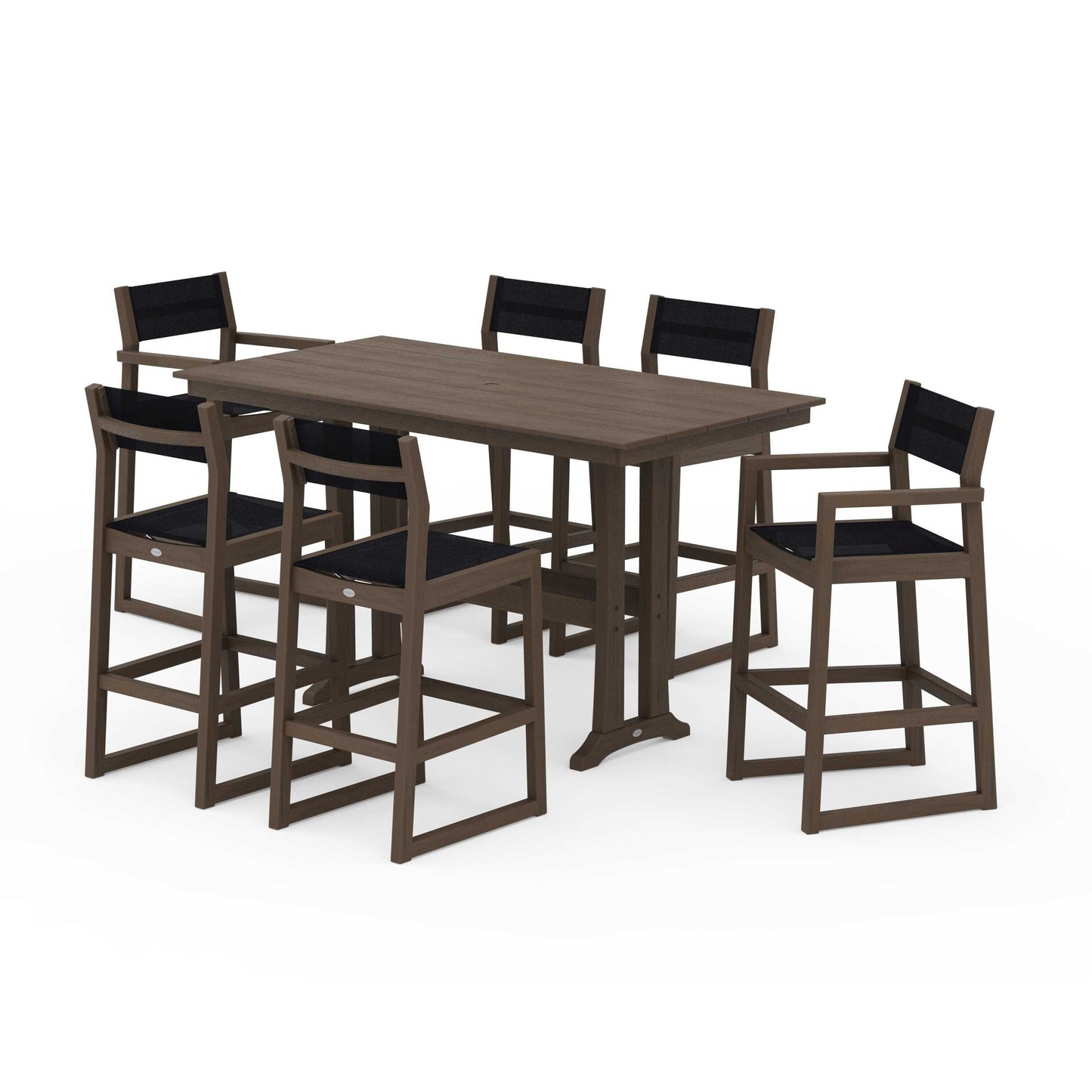 POLYWOOD EDGE Sling 7-Piece Farmhouse Bar Set with Trestle Legs — Kona / Black Sling