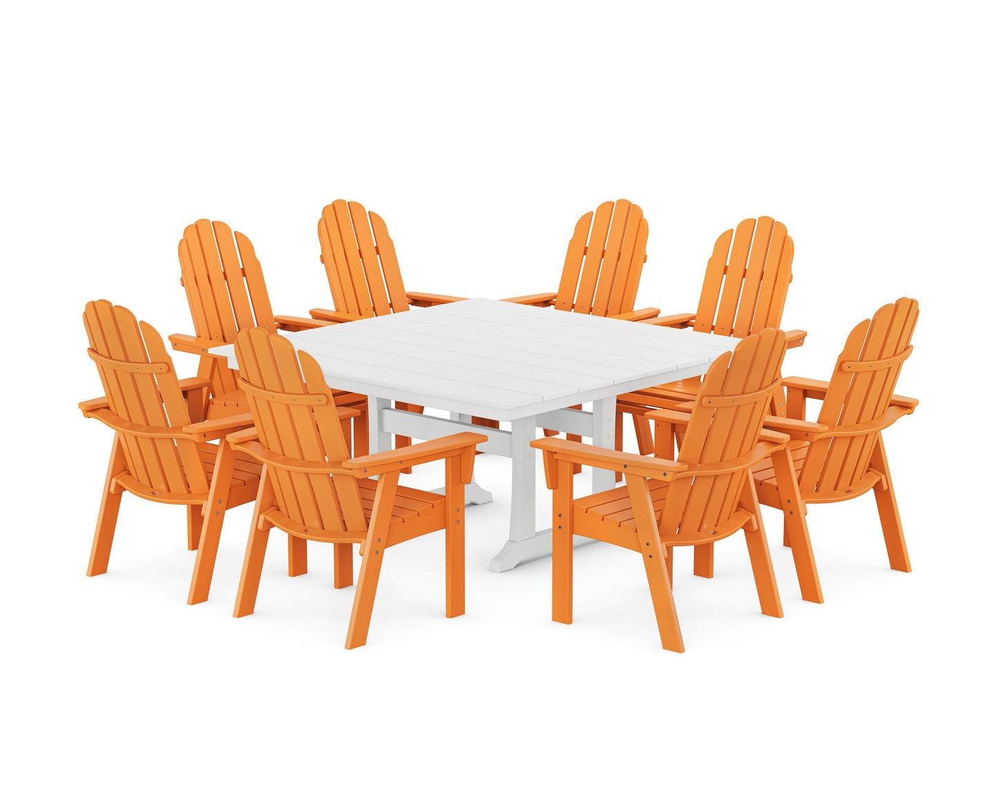 POLYWOOD Vineyard Curveback Adirondack 9-Piece Square Farmhouse Dining Set with Trestle Legs — Tangerine / White
