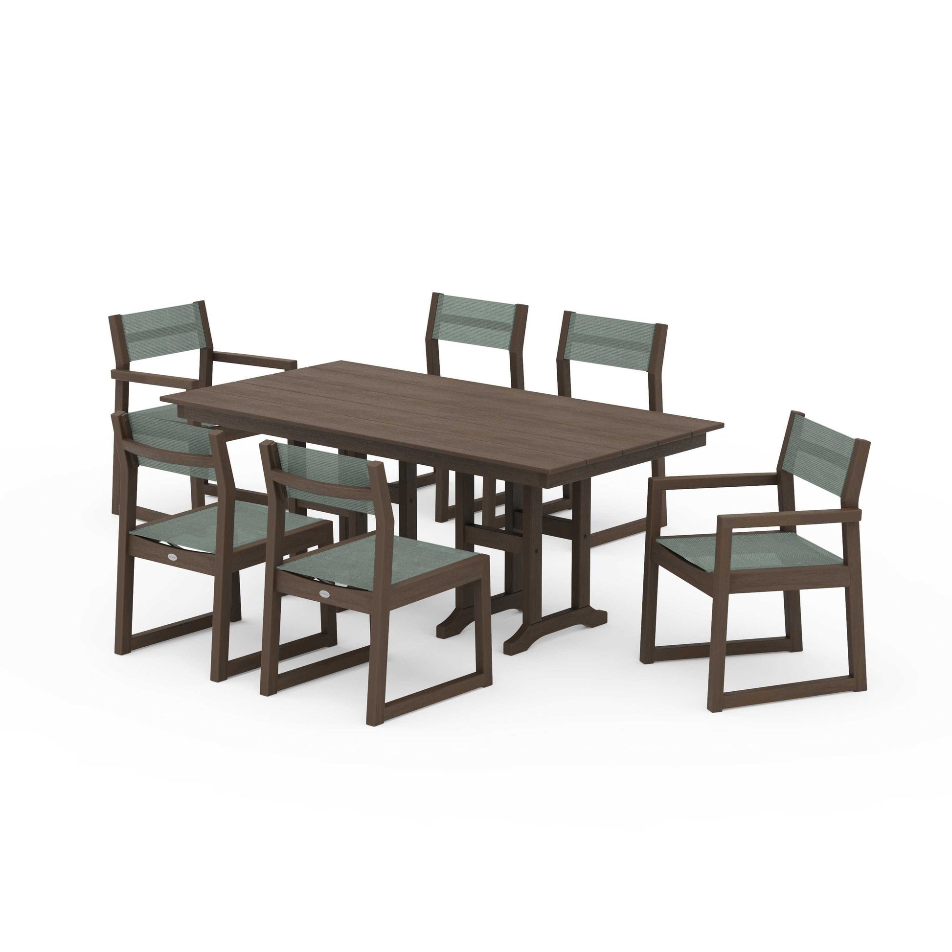 POLYWOOD EDGE Sling 7-Piece Farmhouse Dining Set — Kona / Dupioni Sea Mist Sling