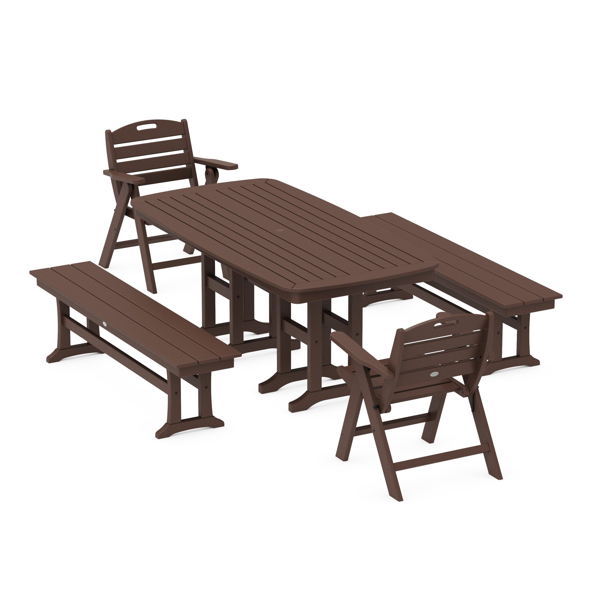 POLYWOOD Nautical Lowback 5-Piece Dining Set with Benches — Mahogany