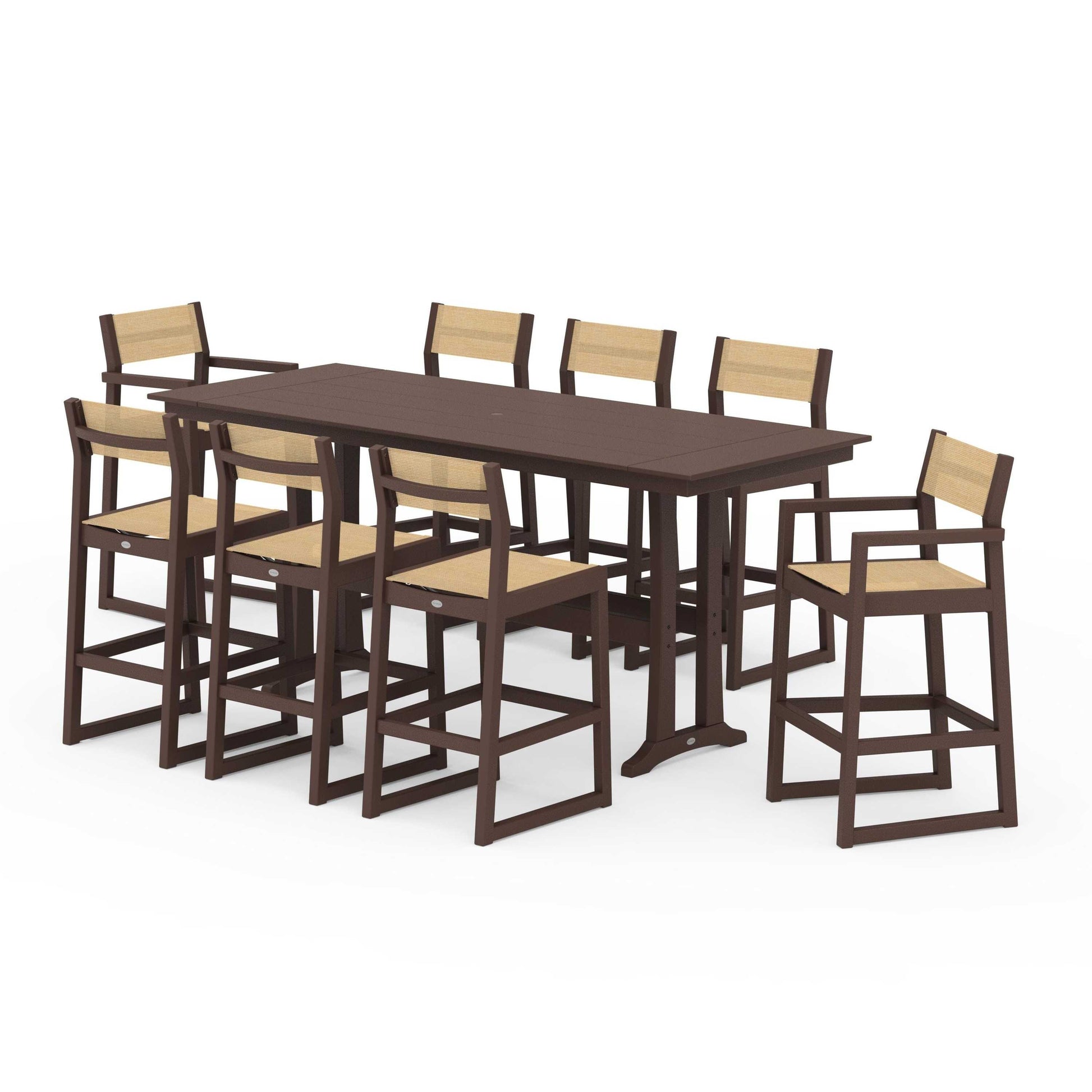 POLYWOOD EDGE Sling 9-Piece Farmhouse Bar Set with Trestle Legs — Mahogany / Dupioni Apricot Sling