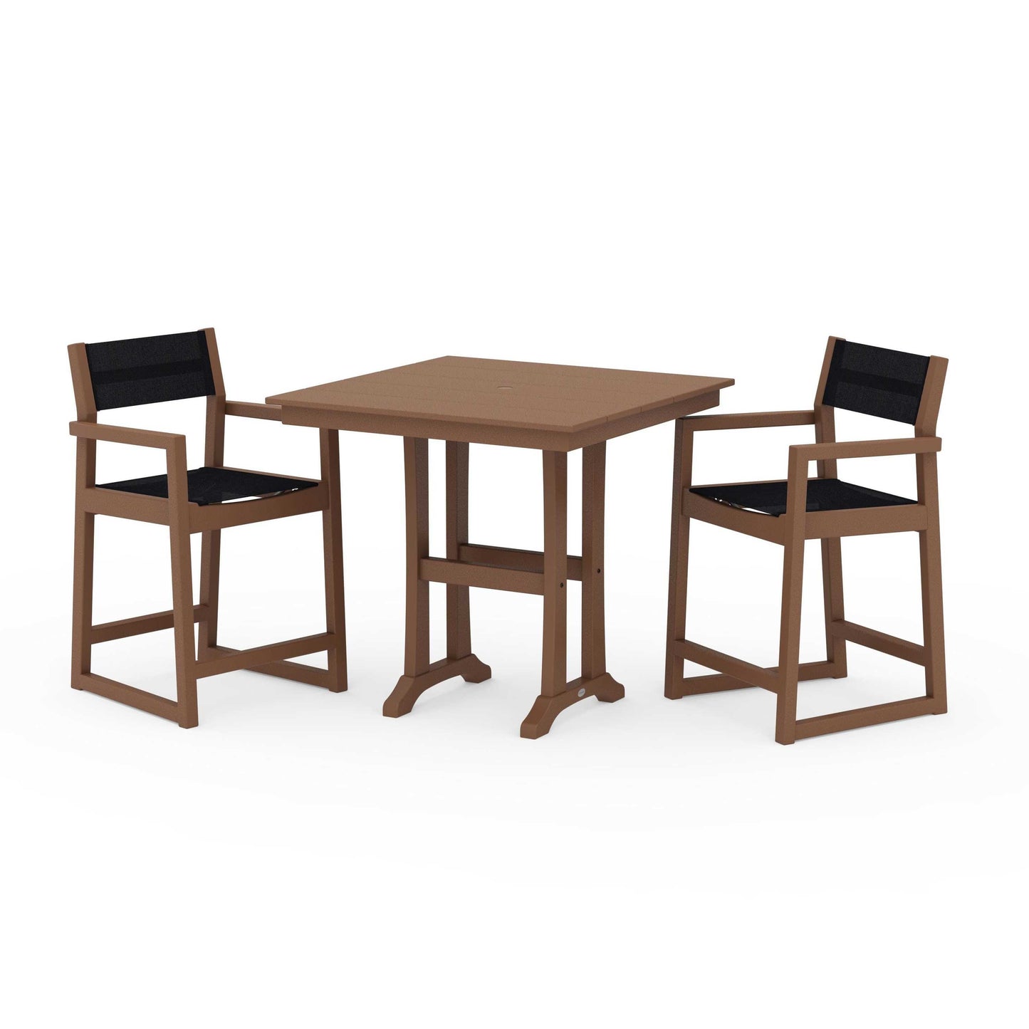 POLYWOOD EDGE Sling Arm Chair 3-Piece Farmhouse Counter Set with Trestle Legs — Teak / Black Sling