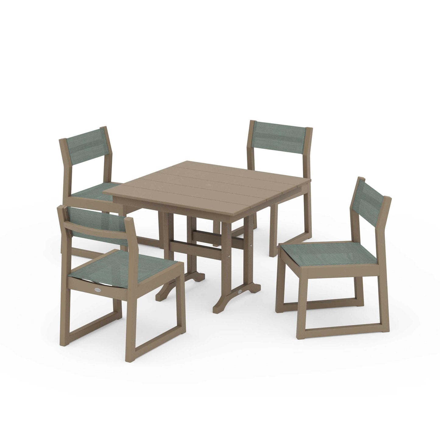 POLYWOOD EDGE Sling Side Chair 5-Piece Farmhouse Dining Set — Vintage Sahara / Dupioni Sea Mist Sling