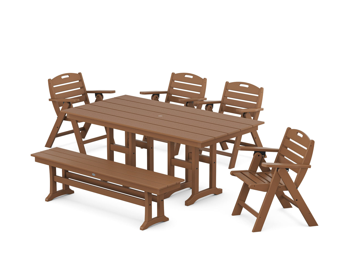 POLYWOOD Nautical Lowback 6-Piece Farmhouse Dining Set with Bench — Teak