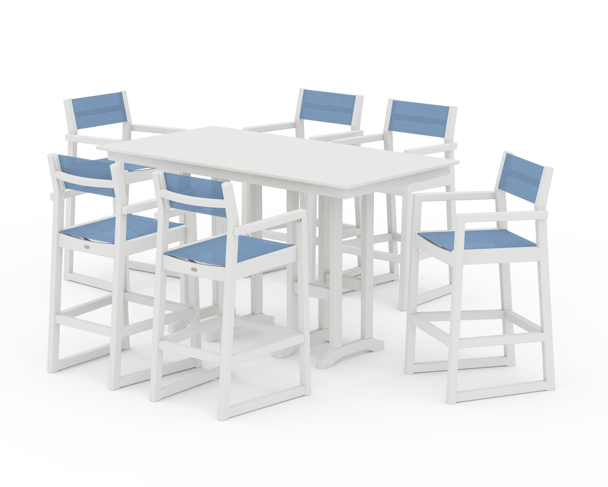 POLYWOOD EDGE Sling Arm Chair 7-Piece Farmhouse Bar Set — Vintage White / Poolside Sling