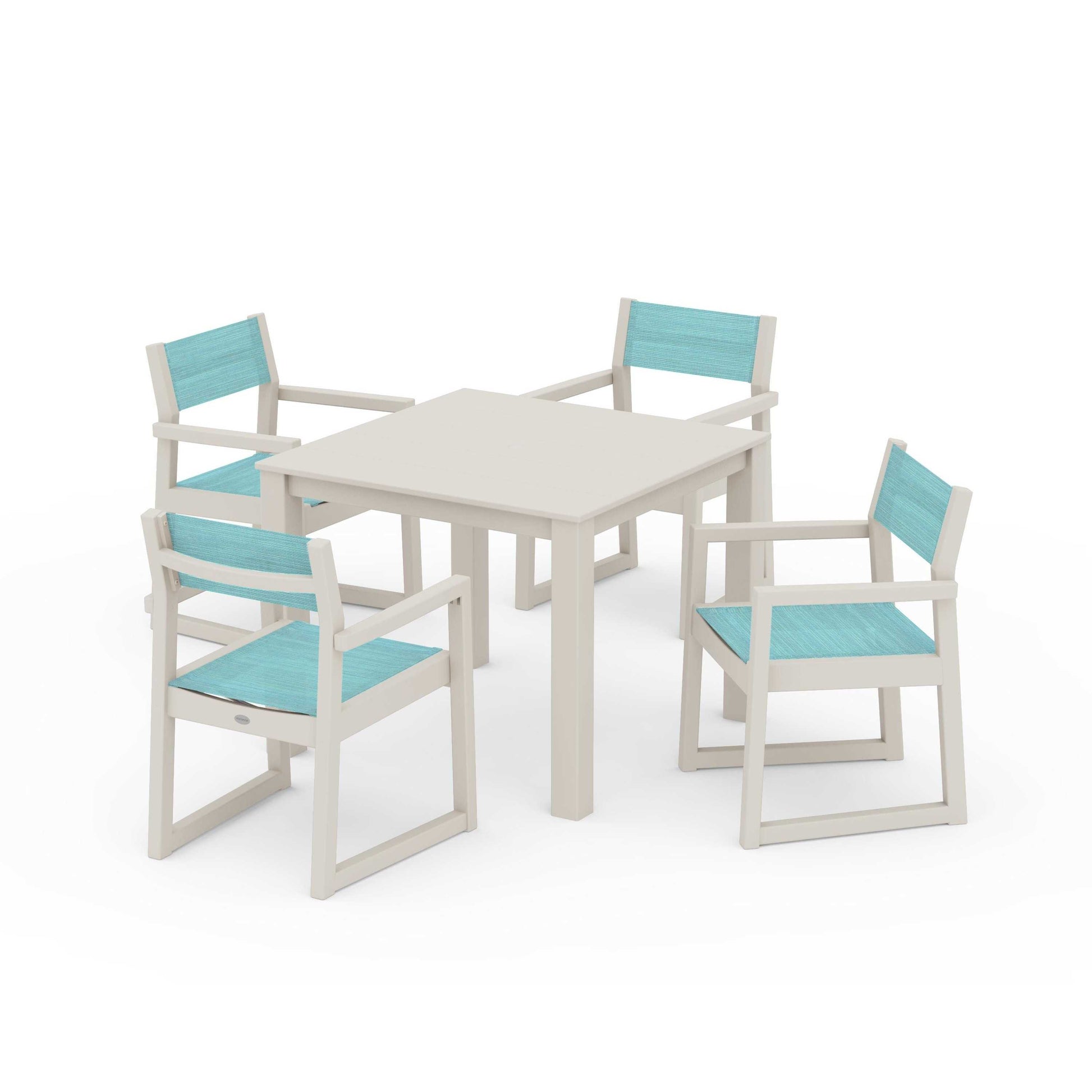 POLYWOOD EDGE Sling Arm Chair 5-Piece Parsons Dining Set — Sand / Dupioni Aquamarine Sling