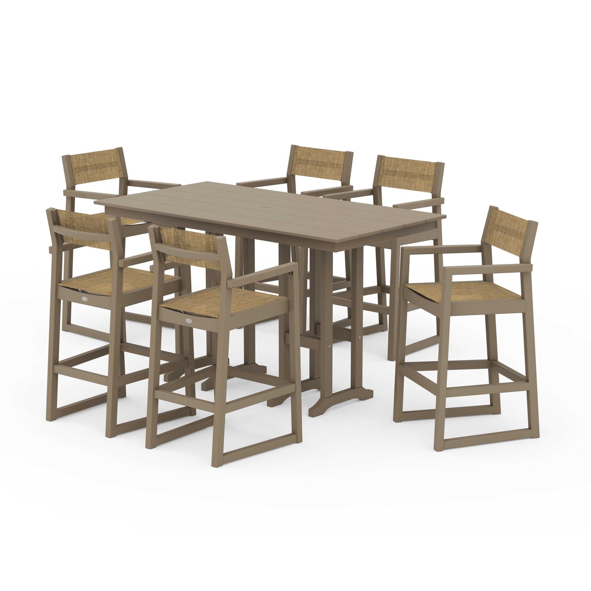 POLYWOOD EDGE Sling Arm Chair 7-Piece Farmhouse Bar Set — Vintage Sahara / Burlap Sling