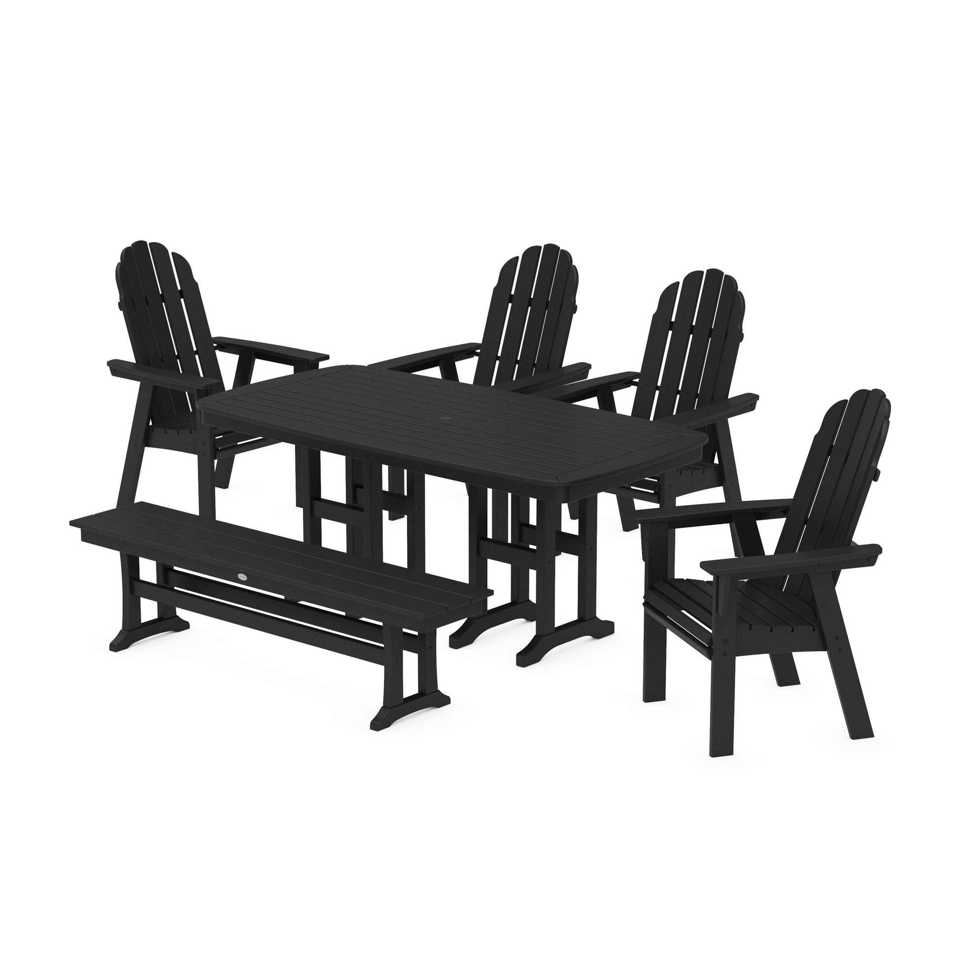 POLYWOOD Vineyard Curveback Adirondack Chair 6-Piece Dining Set with Bench — Black