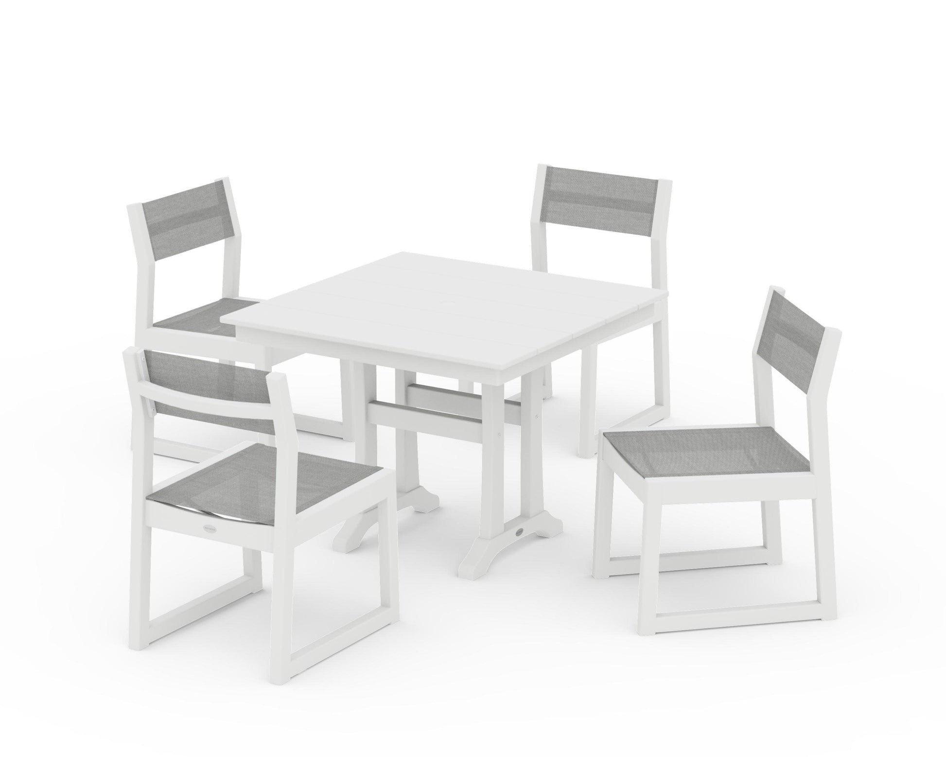 POLYWOOD EDGE Sling 5-Piece Farmhouse Trestle Side Chair Dining Set — White / Metallic Sling