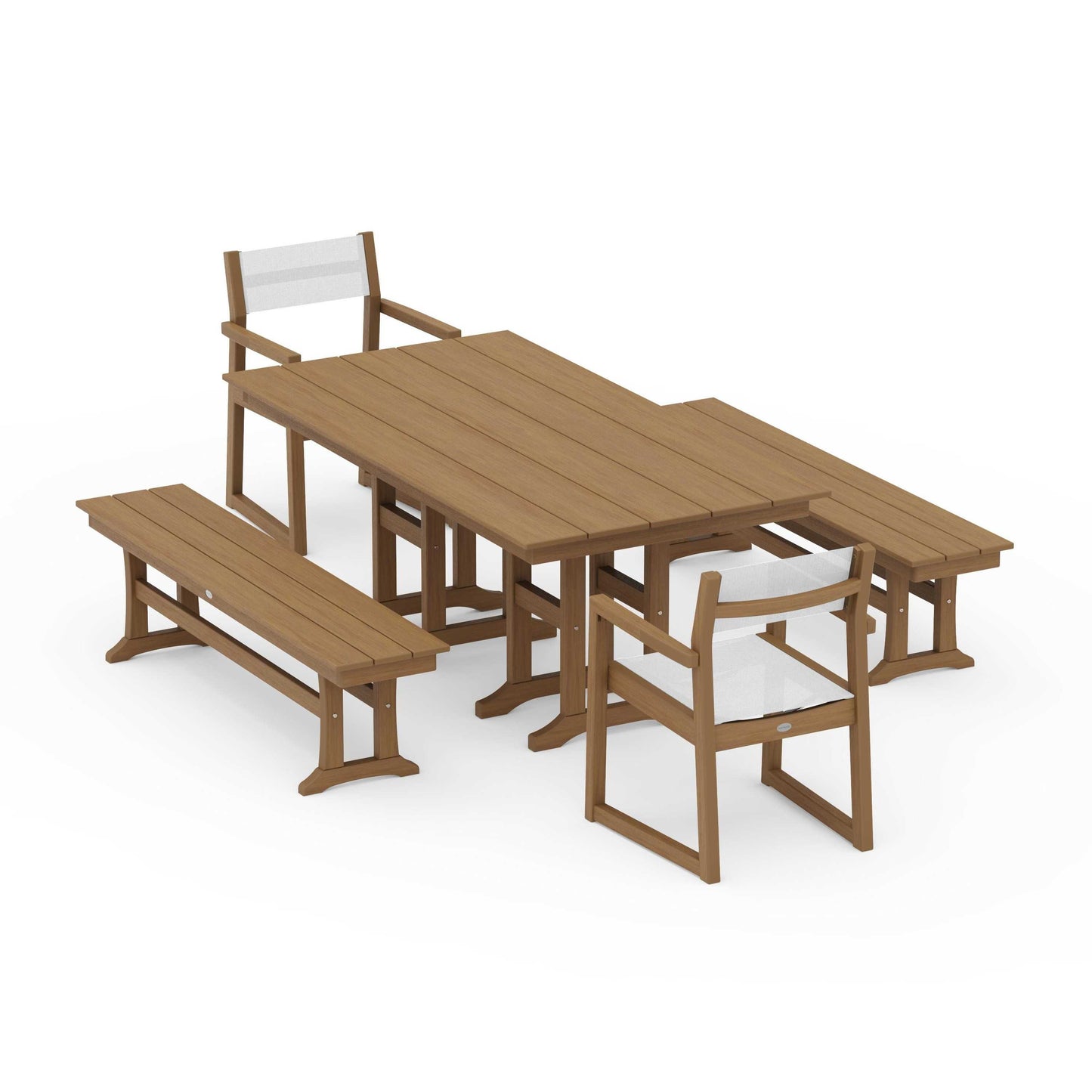 POLYWOOD EDGE Sling Arm Chair 5-Piece Farmhouse Dining Set with Benches — Natural / White Sling