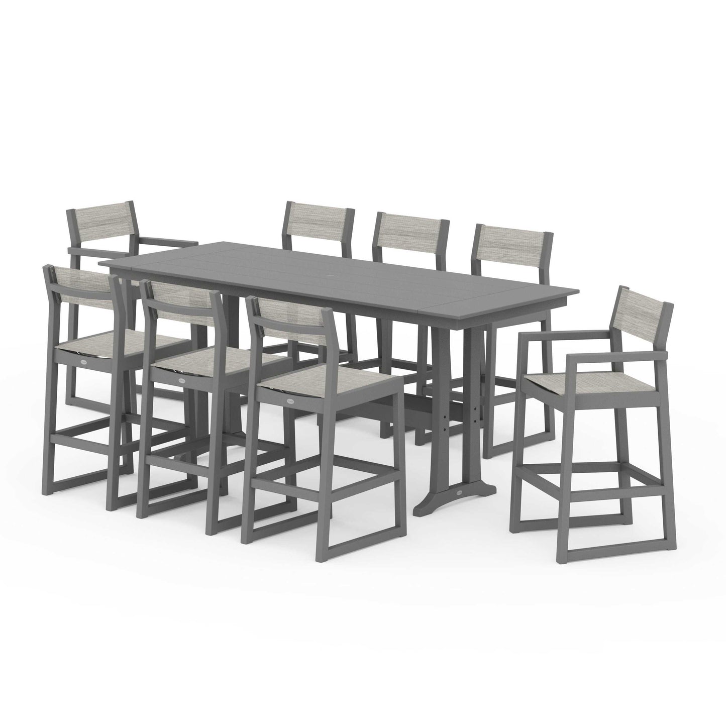 POLYWOOD EDGE Sling 9-Piece Farmhouse Bar Set with Trestle Legs — Slate Grey / Birch Sling