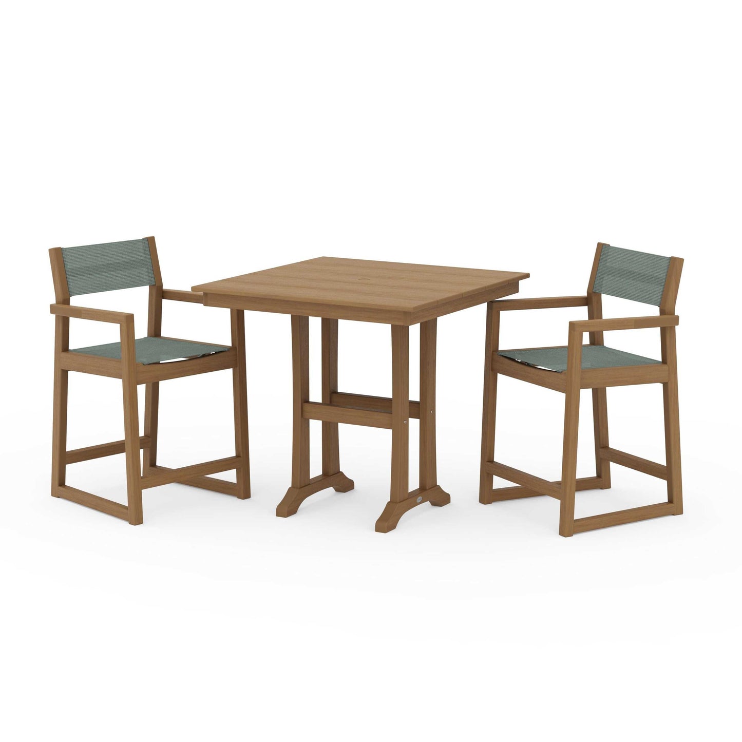 POLYWOOD EDGE Sling Arm Chair 3-Piece Farmhouse Counter Set with Trestle Legs — Natural / Dupioni Sea Mist Sling