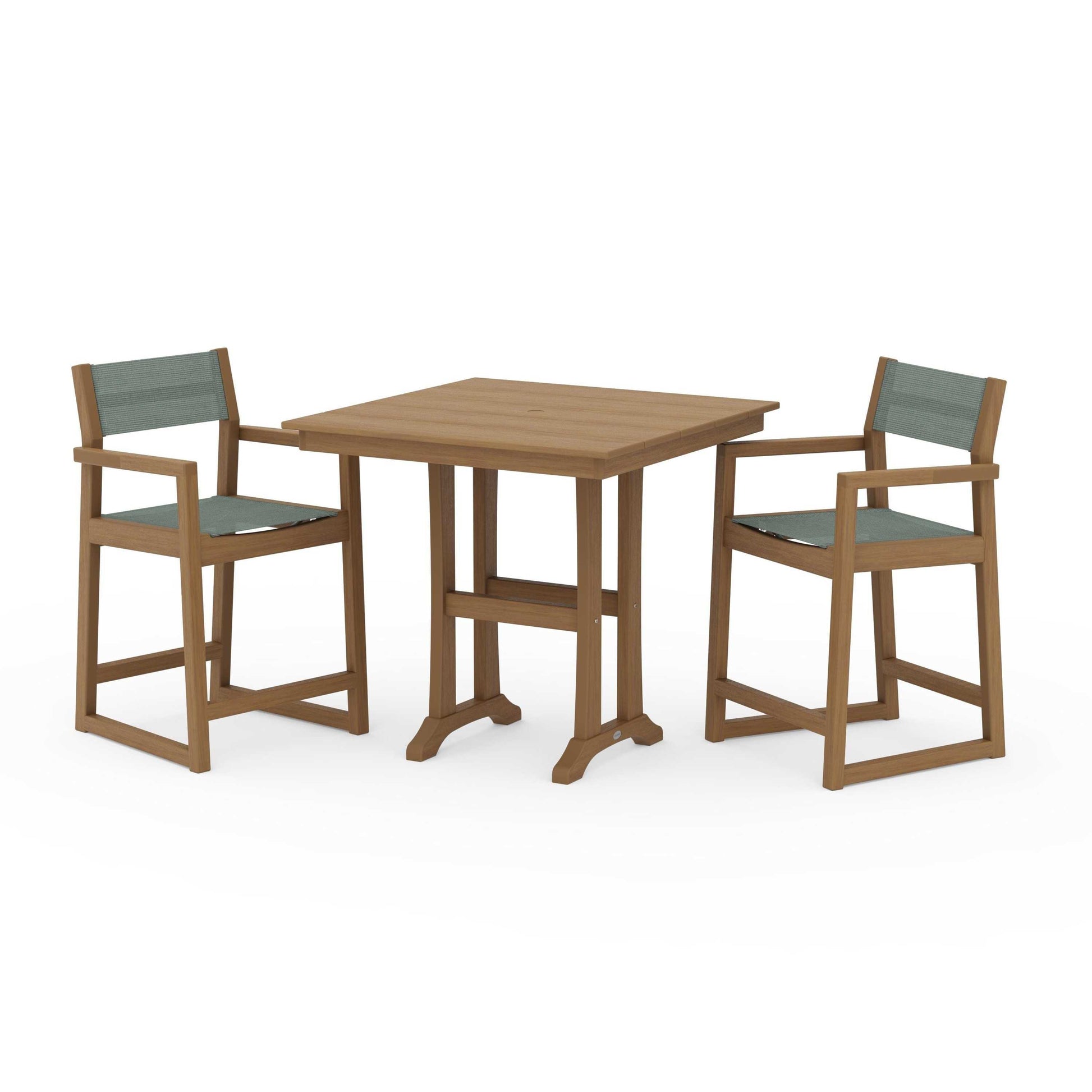 POLYWOOD EDGE Sling Arm Chair 3-Piece Farmhouse Counter Set with Trestle Legs — Natural / Dupioni Sea Mist Sling