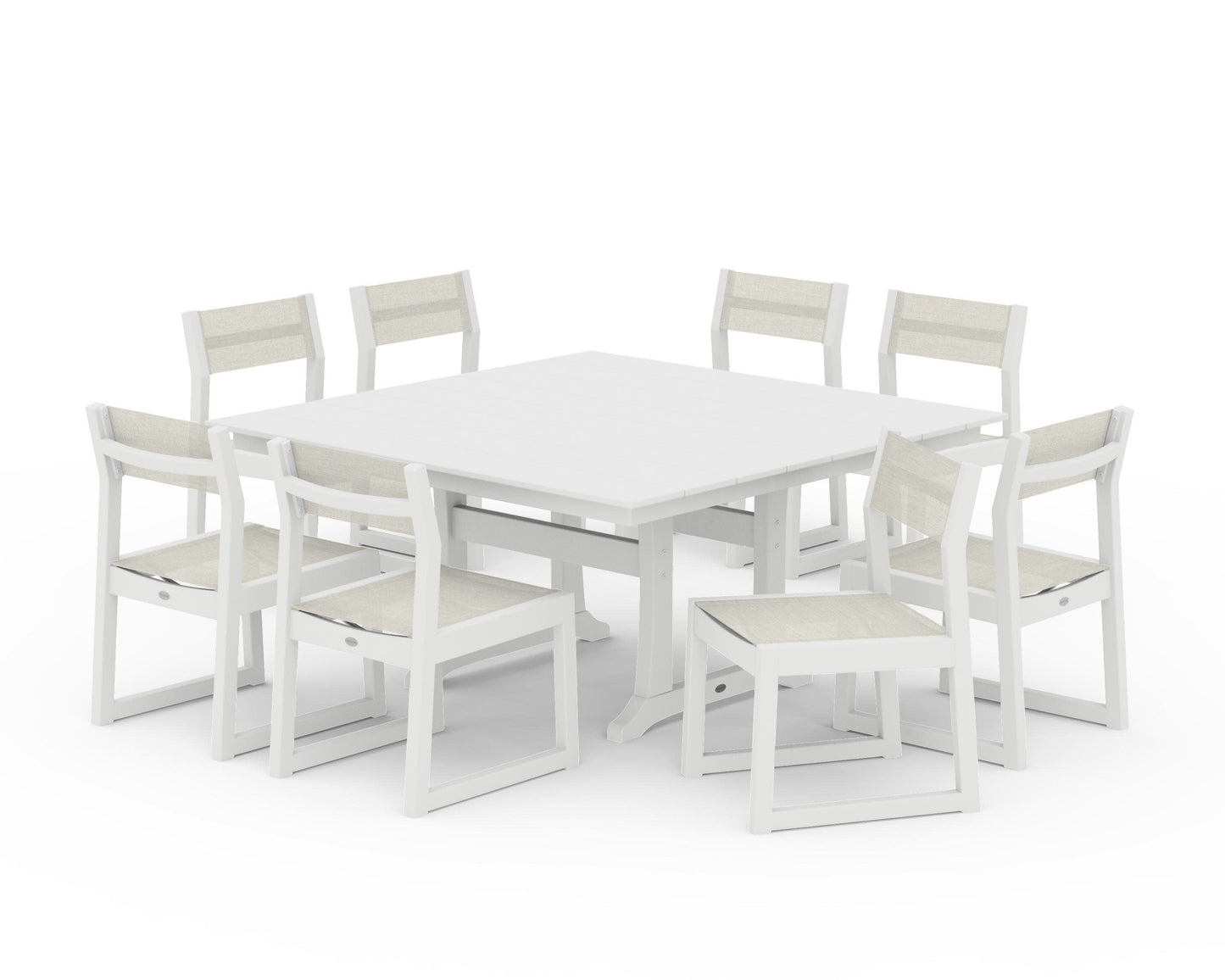 POLYWOOD EDGE Sling Side Chair 9-Piece Farmhouse Trestle Dining Set — White / Parchment Sling