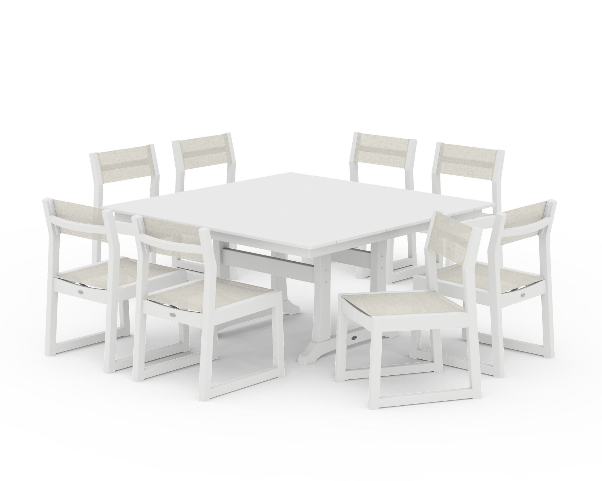 POLYWOOD EDGE Sling Side Chair 9-Piece Farmhouse Trestle Dining Set — White / Parchment Sling