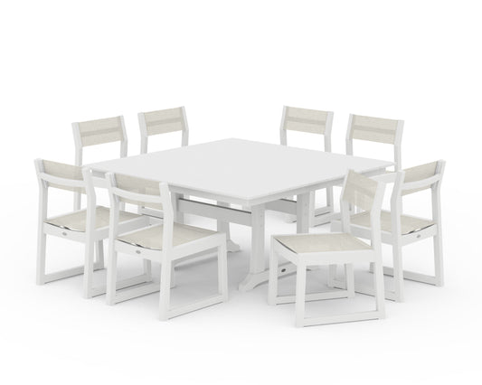 POLYWOOD EDGE Sling Side Chair 9-Piece Farmhouse Trestle Dining Set — White / Parchment Sling