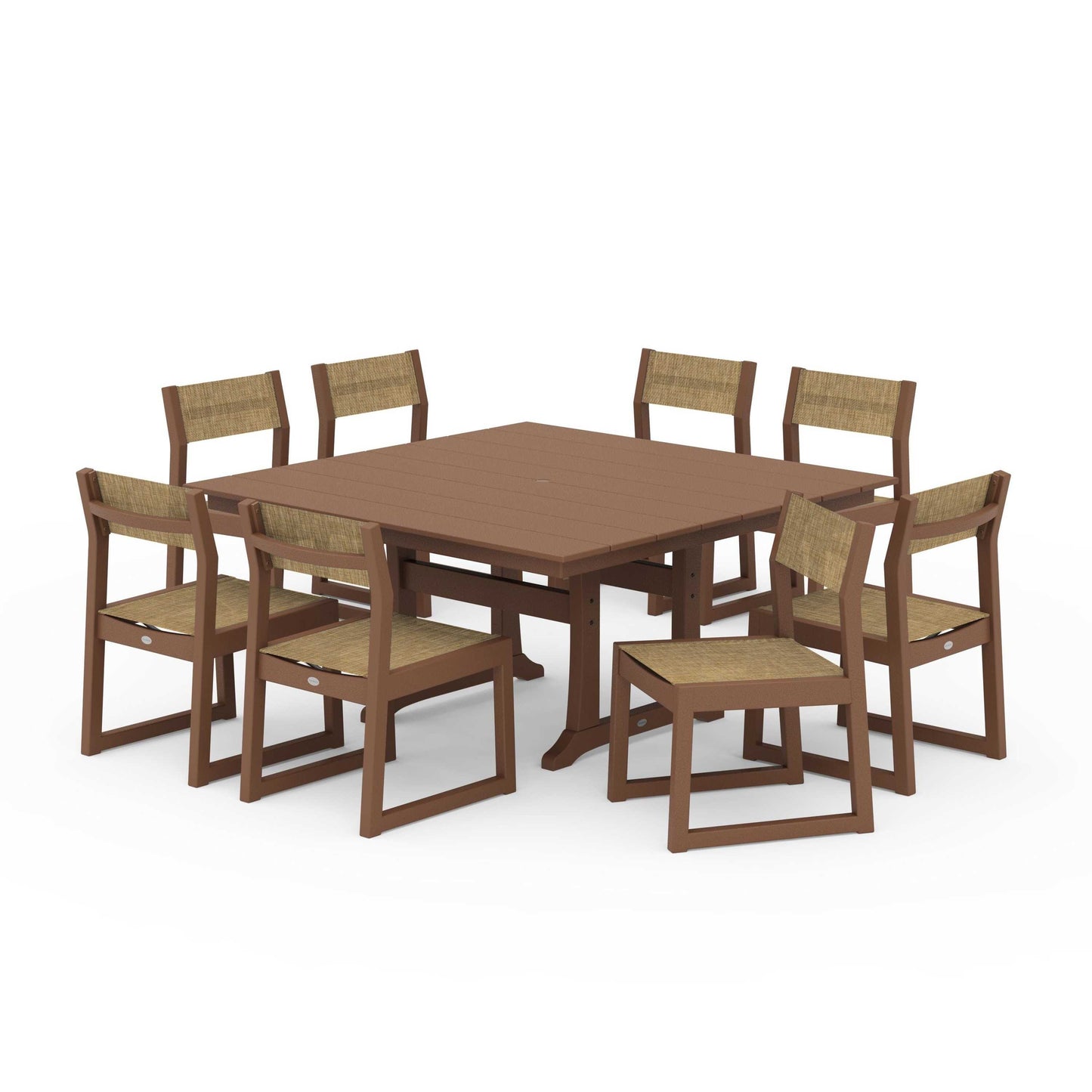 POLYWOOD EDGE Sling Side Chair 9-Piece Farmhouse Trestle Dining Set — Teak / Burlap Sling
