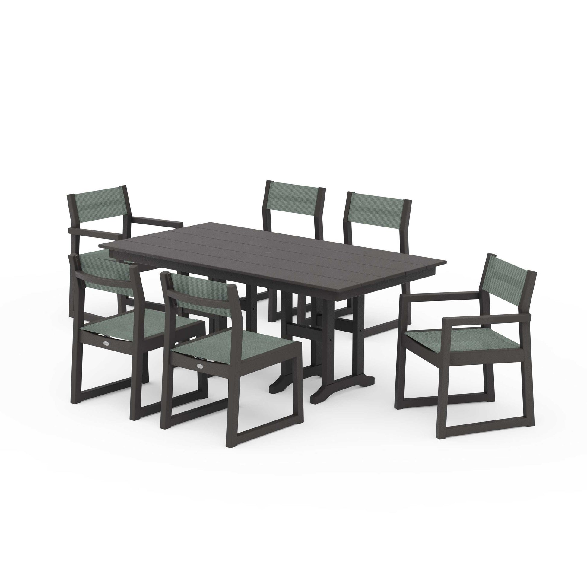 POLYWOOD EDGE Sling 7-Piece Farmhouse Dining Set — Vintage Coffee / Dupioni Sea Mist Sling