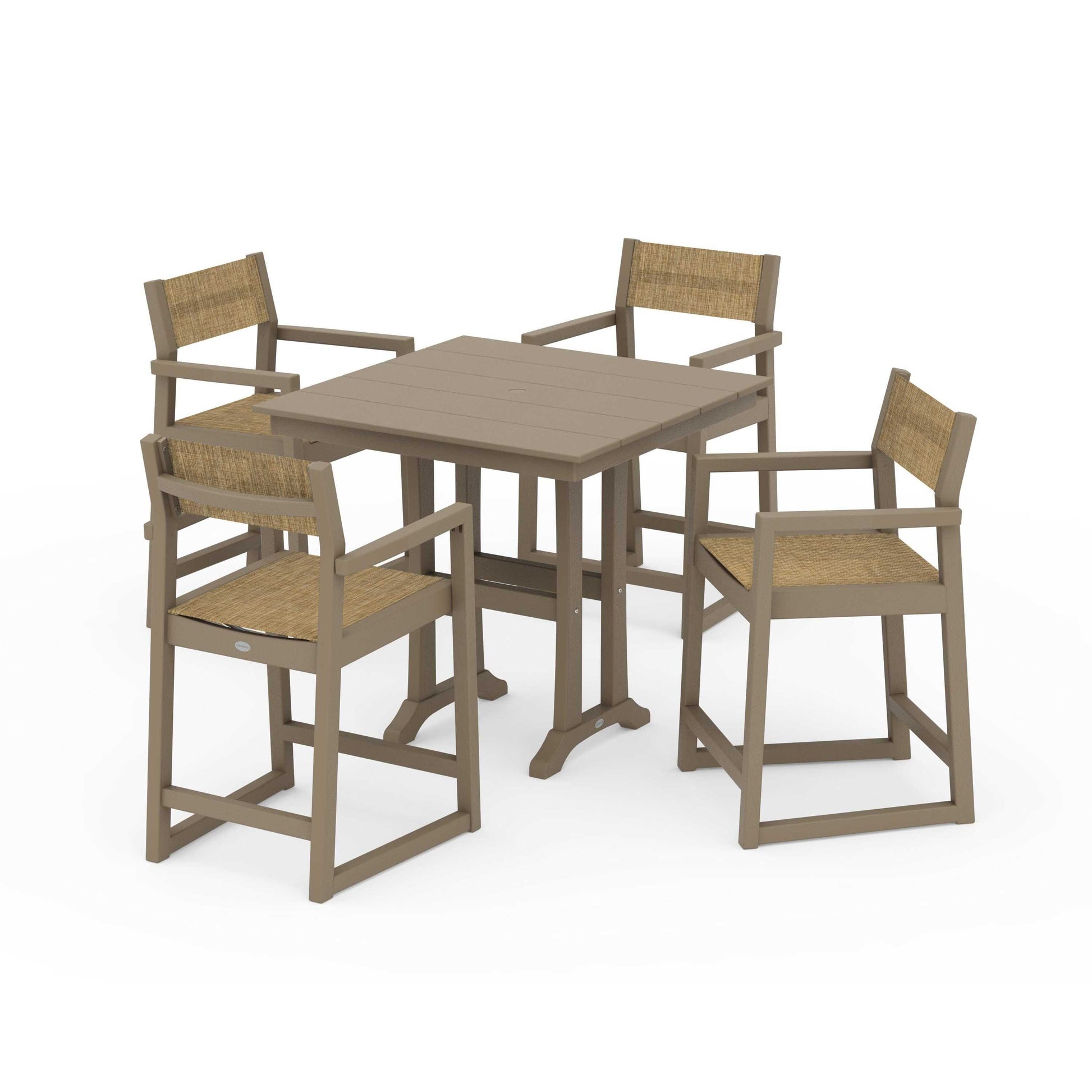POLYWOOD EDGE Sling Arm Chair 5-Piece Farmhouse Counter Set with Trestle Legs — Vintage Sahara / Burlap Sling