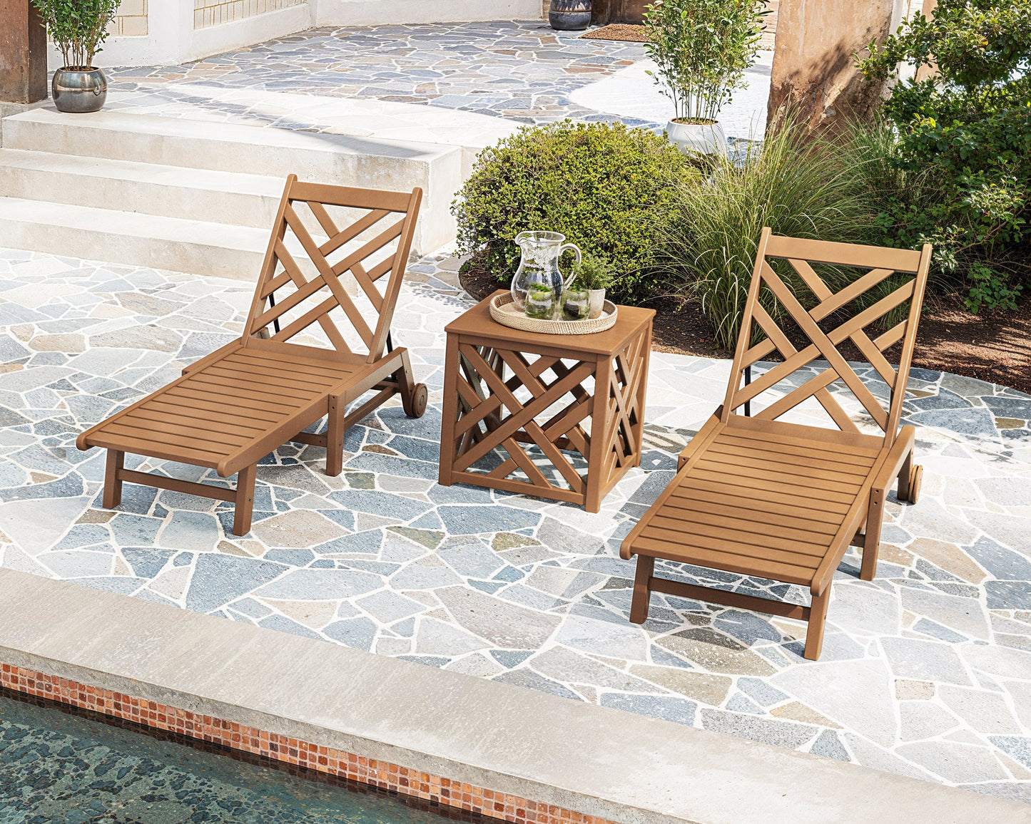 POLYWOOD Chippendale 3-Piece Chaise Set with Wheels and Umbrella Stand Accent Table