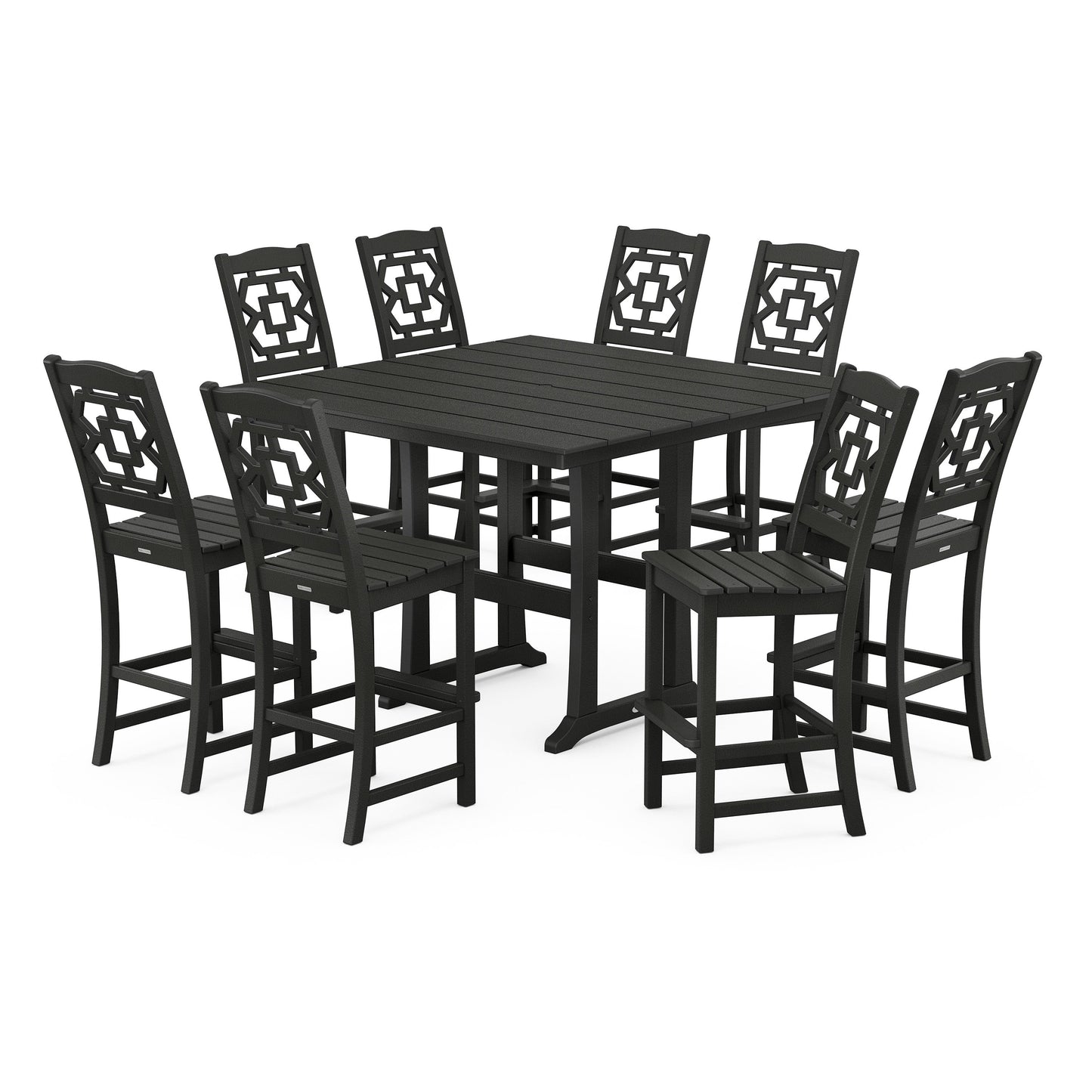 POLYWOOD Chinoiserie 9-Piece Square Farmhouse Side Chair Bar Set with Trestle Legs — Black