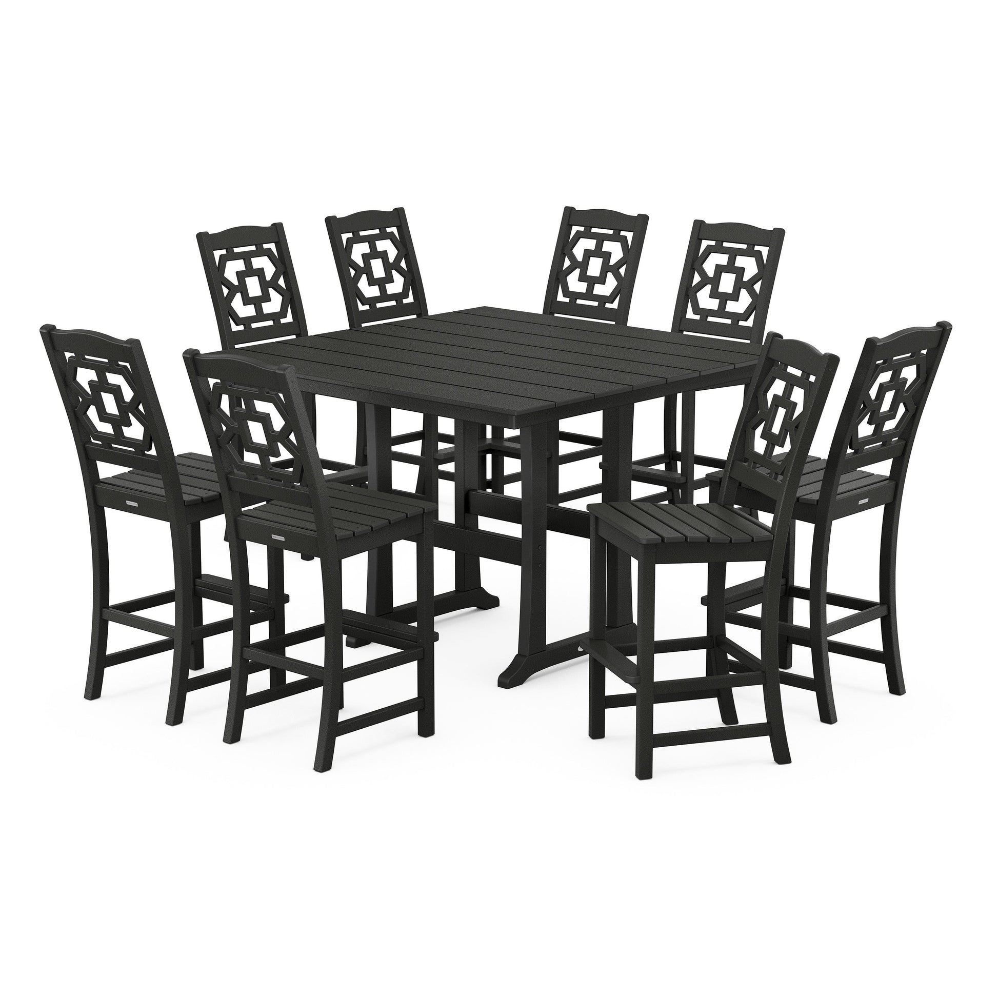 POLYWOOD Chinoiserie 9-Piece Square Farmhouse Side Chair Bar Set with Trestle Legs — Black