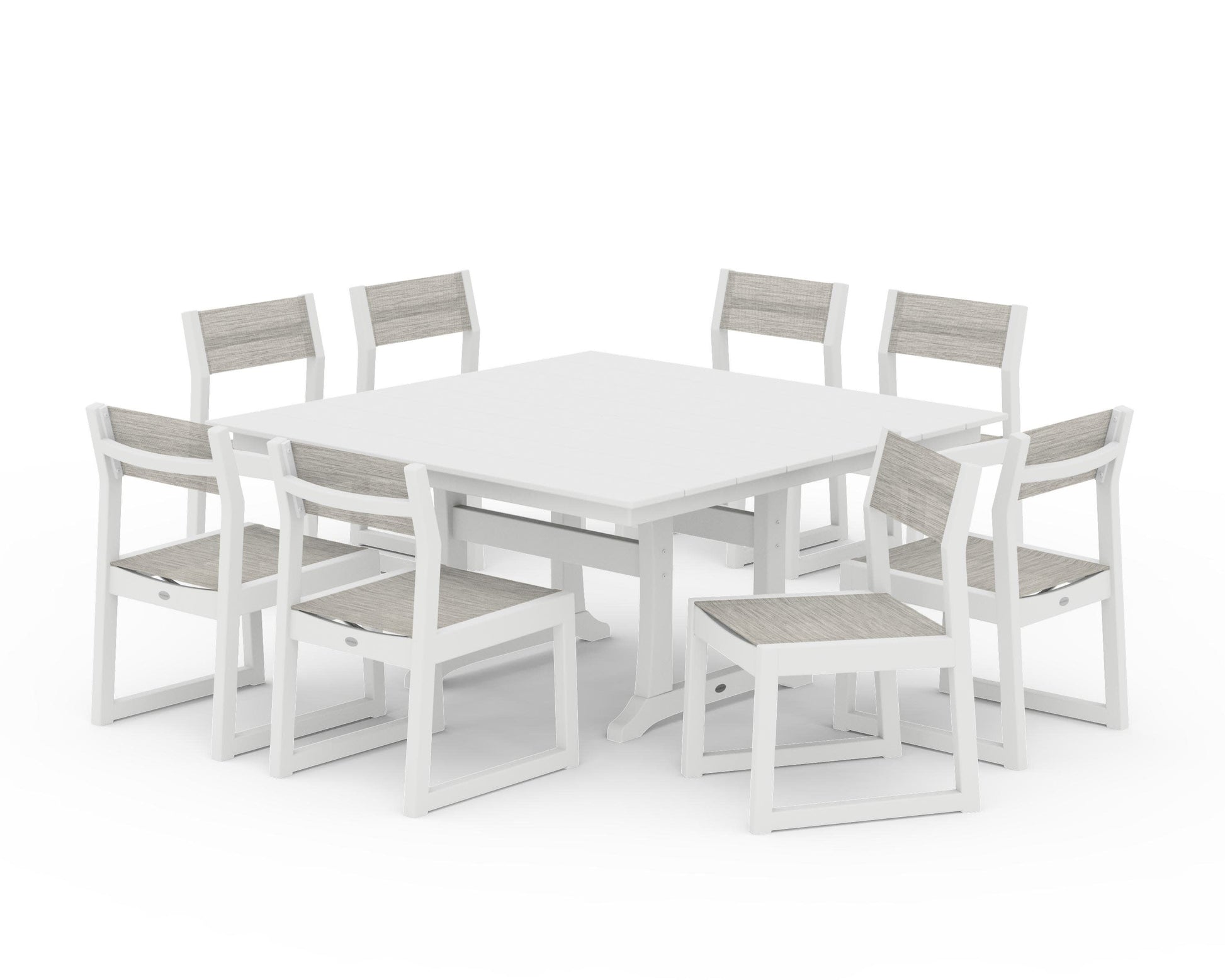 POLYWOOD EDGE Sling Side Chair 9-Piece Farmhouse Trestle Dining Set — White / Birch Sling