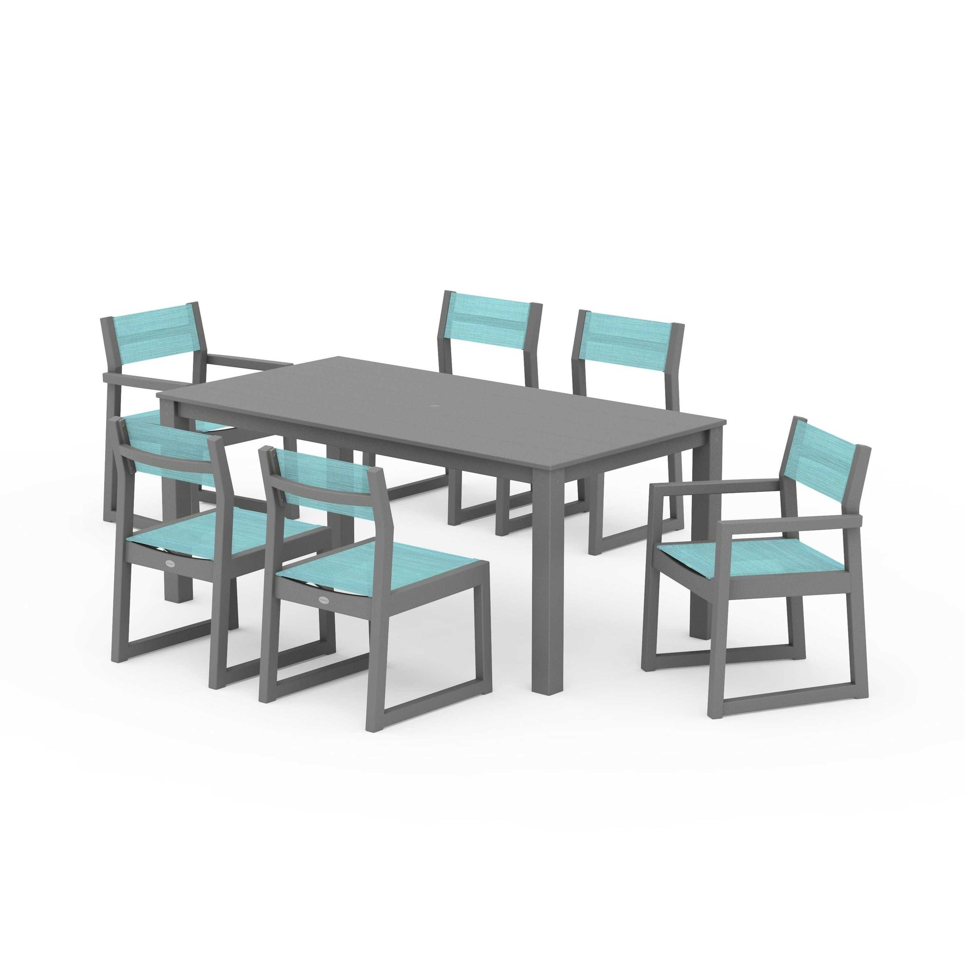 POLYWOOD EDGE Sling 7-Piece Parsons Dining Set — Slate Grey / Dupioni Aquamarine Sling