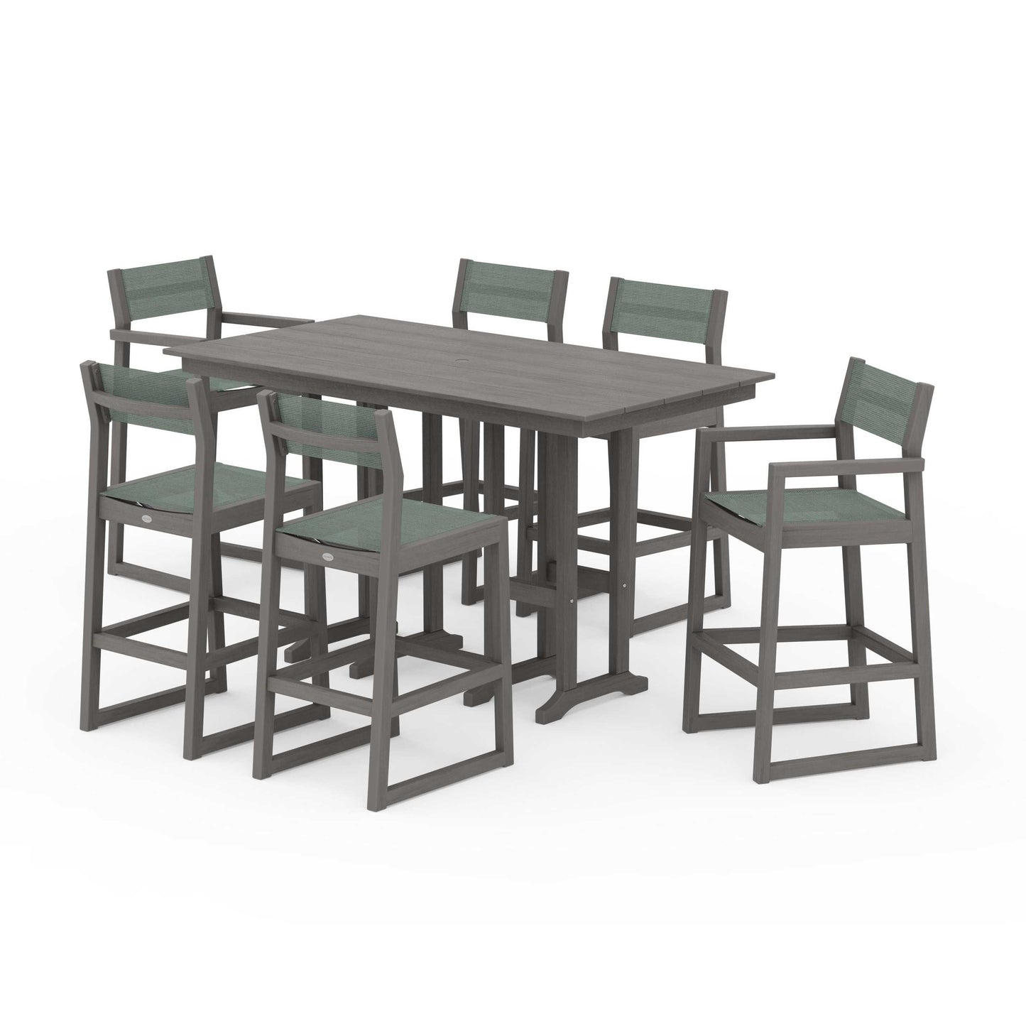 POLYWOOD EDGE Sling 7-Piece Farmhouse Bar Set — Driftwood / Dupioni Sea Mist Sling