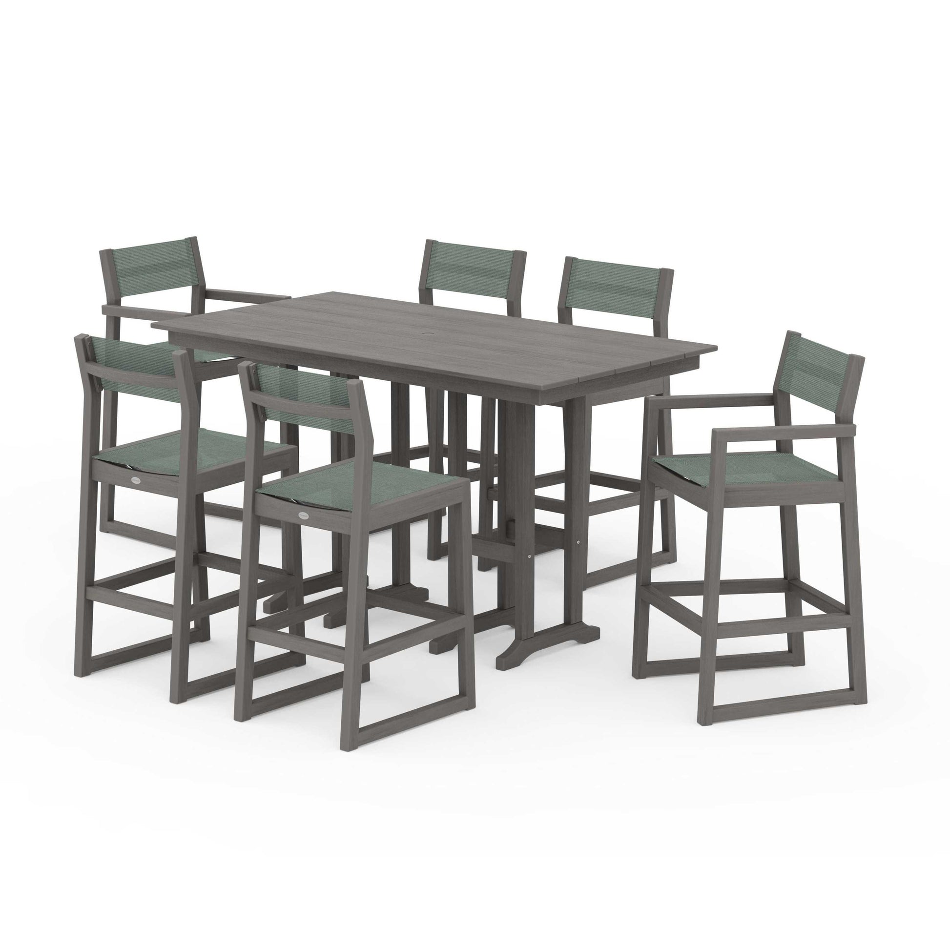 POLYWOOD EDGE Sling 7-Piece Farmhouse Bar Set — Driftwood / Dupioni Sea Mist Sling