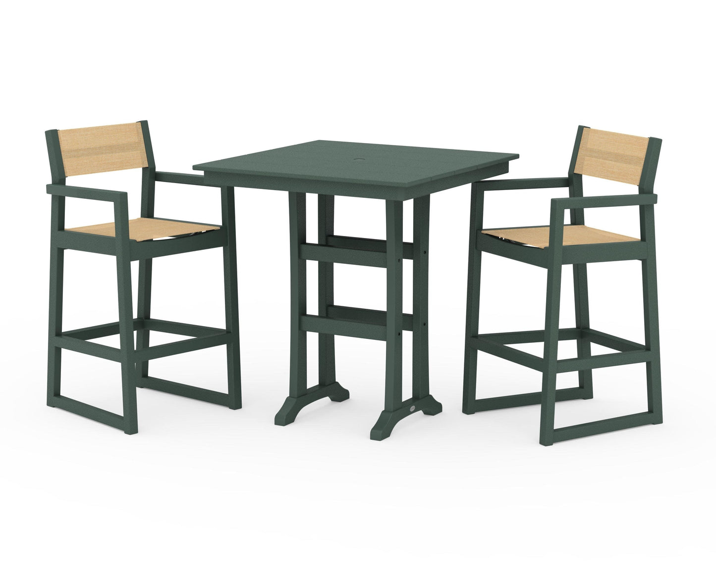 POLYWOOD EDGE Sling Arm Chair 3-Piece Farmhouse Bar Set with Trestle Legs — Green / Dupioni Apricot Sling