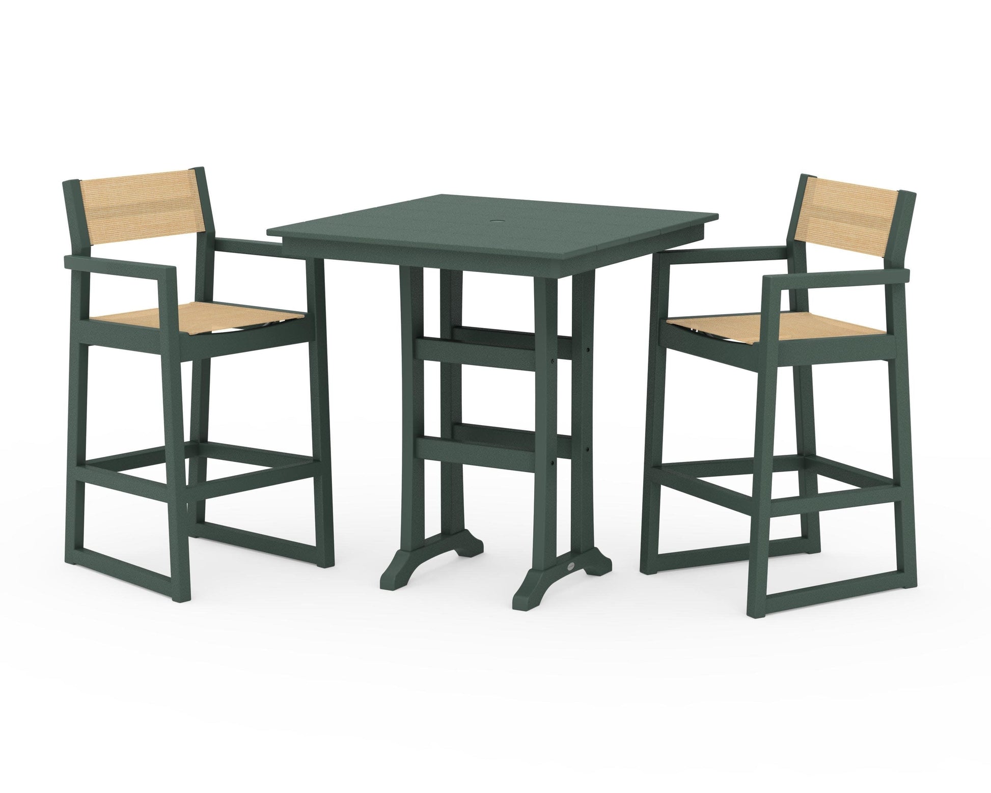 POLYWOOD EDGE Sling Arm Chair 3-Piece Farmhouse Bar Set with Trestle Legs — Green / Dupioni Apricot Sling