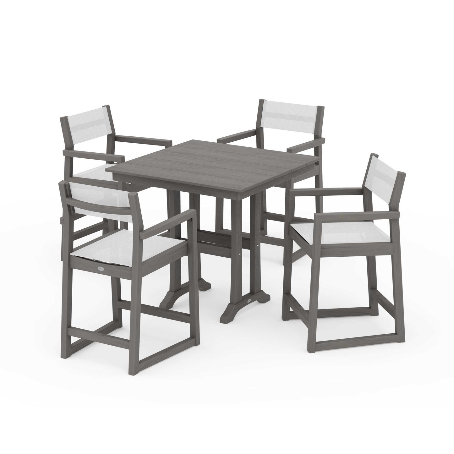 POLYWOOD EDGE Sling Arm Chair 5-Piece Farmhouse Counter Set with Trestle Legs — Driftwood / White Sling