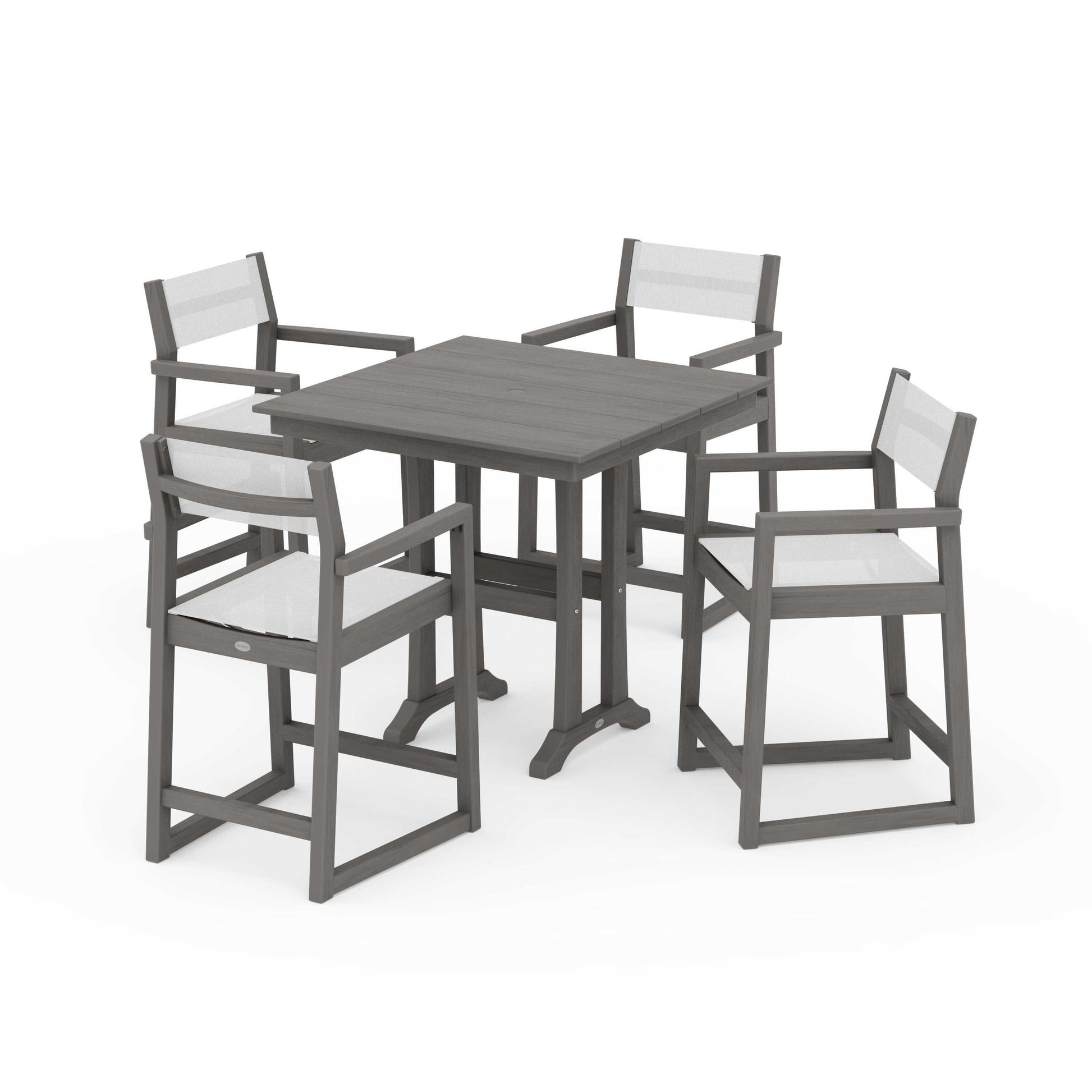 POLYWOOD EDGE Sling Arm Chair 5-Piece Farmhouse Counter Set with Trestle Legs — Driftwood / White Sling