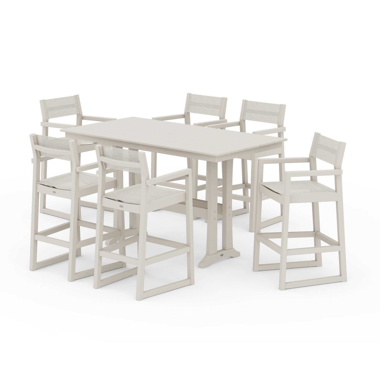POLYWOOD EDGE Sling Arm Chair 7-Piece Farmhouse Bar Set with Trestle Legs — Sand / Parchment Sling