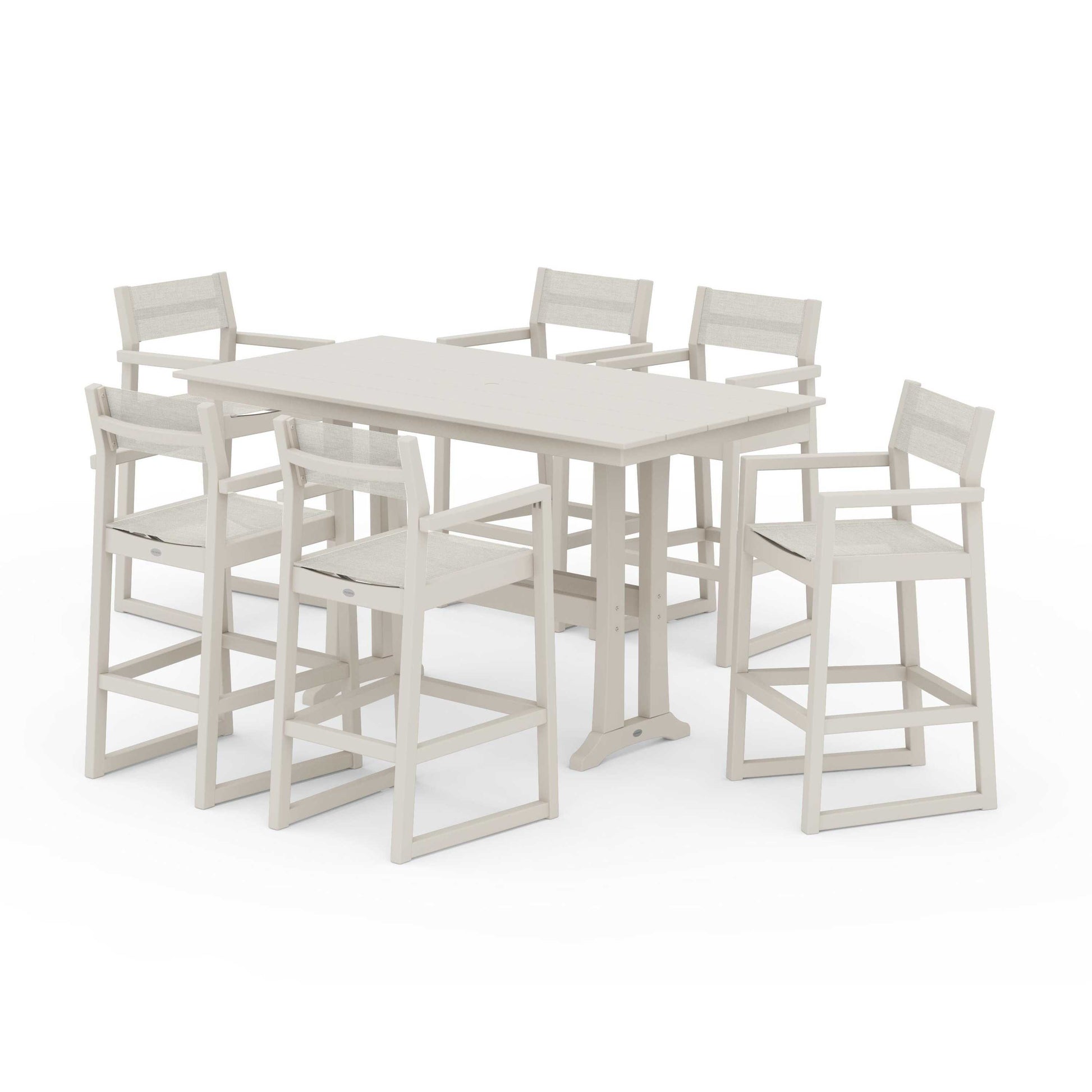 POLYWOOD EDGE Sling Arm Chair 7-Piece Farmhouse Bar Set with Trestle Legs — Sand / Parchment Sling