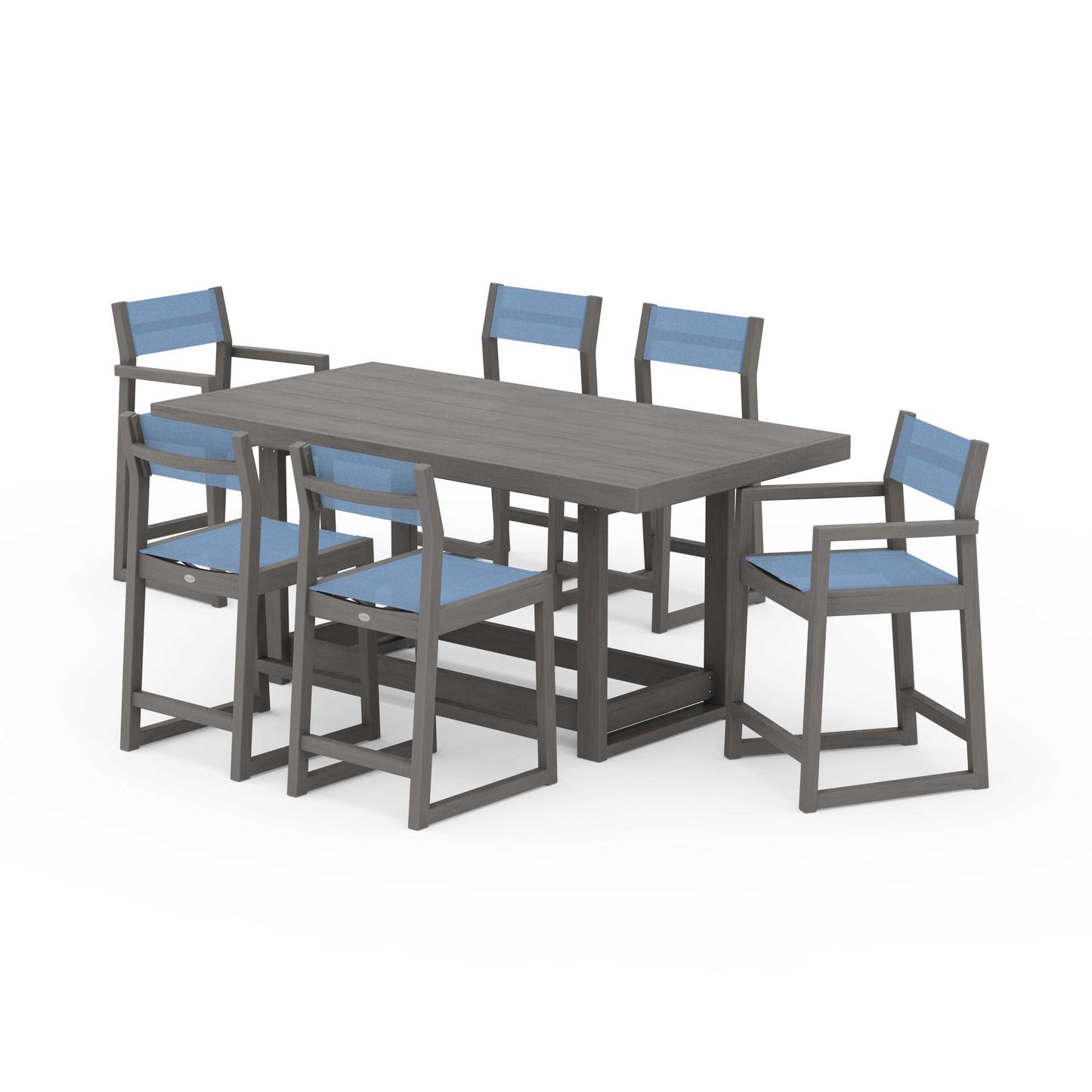 POLYWOOD EDGE Sling 7-Piece Counter Table Set — Driftwood / Poolside Sling