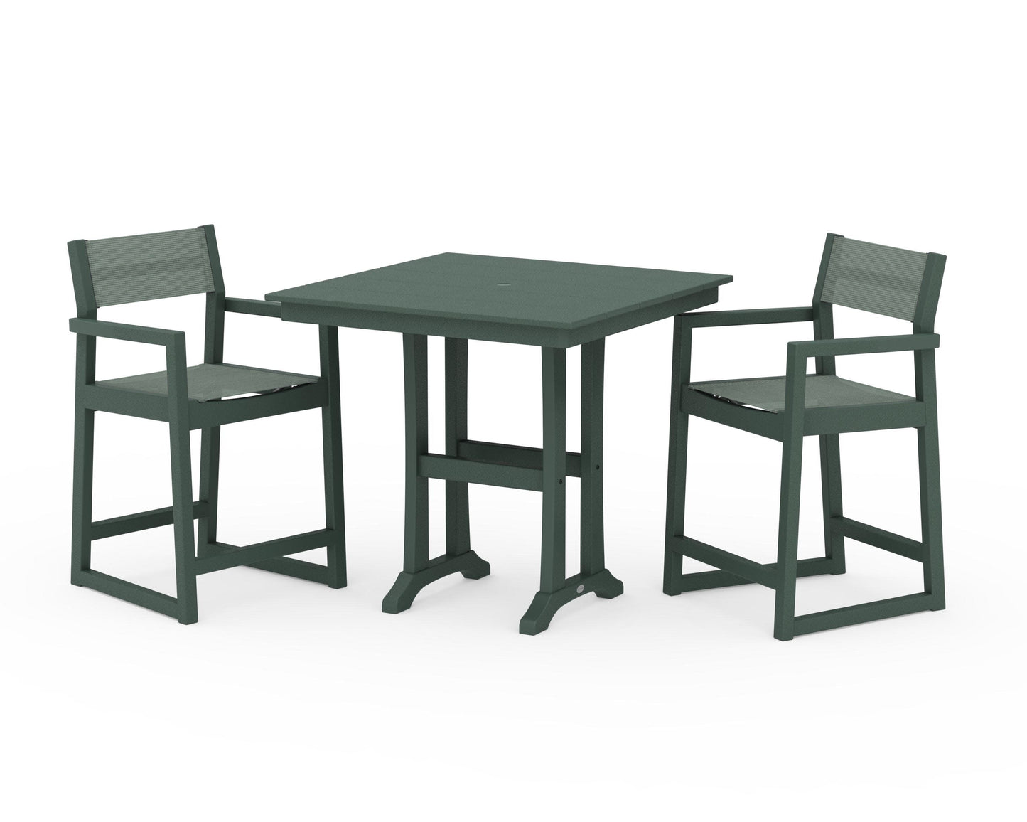 POLYWOOD EDGE Sling Arm Chair 3-Piece Farmhouse Counter Set with Trestle Legs — Green / Dupioni Sea Mist Sling
