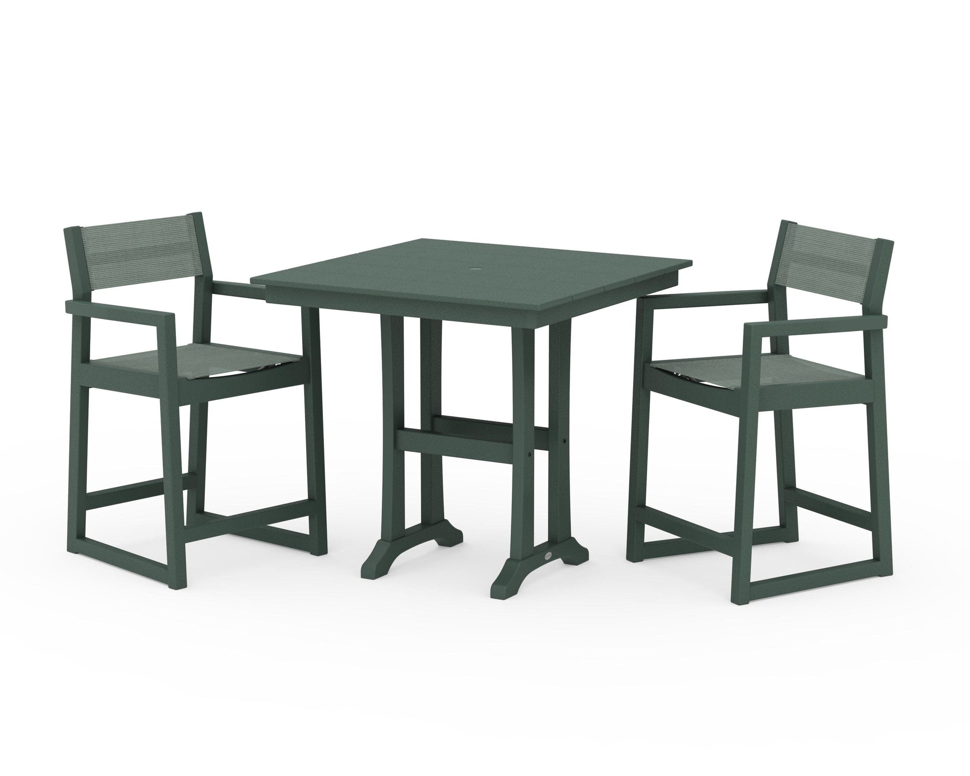POLYWOOD EDGE Sling Arm Chair 3-Piece Farmhouse Counter Set with Trestle Legs — Green / Dupioni Sea Mist Sling