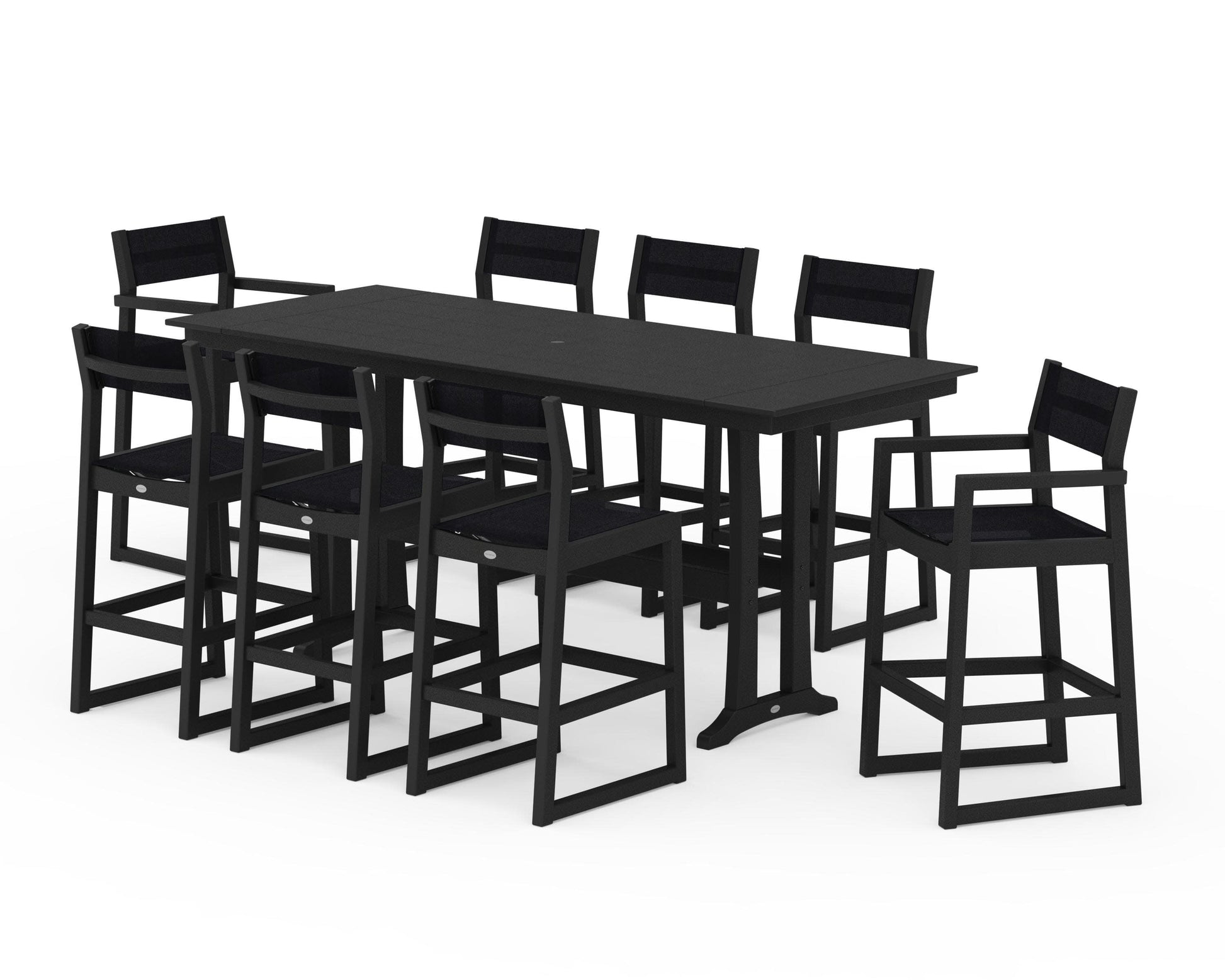 POLYWOOD EDGE Sling 9-Piece Farmhouse Bar Set with Trestle Legs — Black / Black Sling