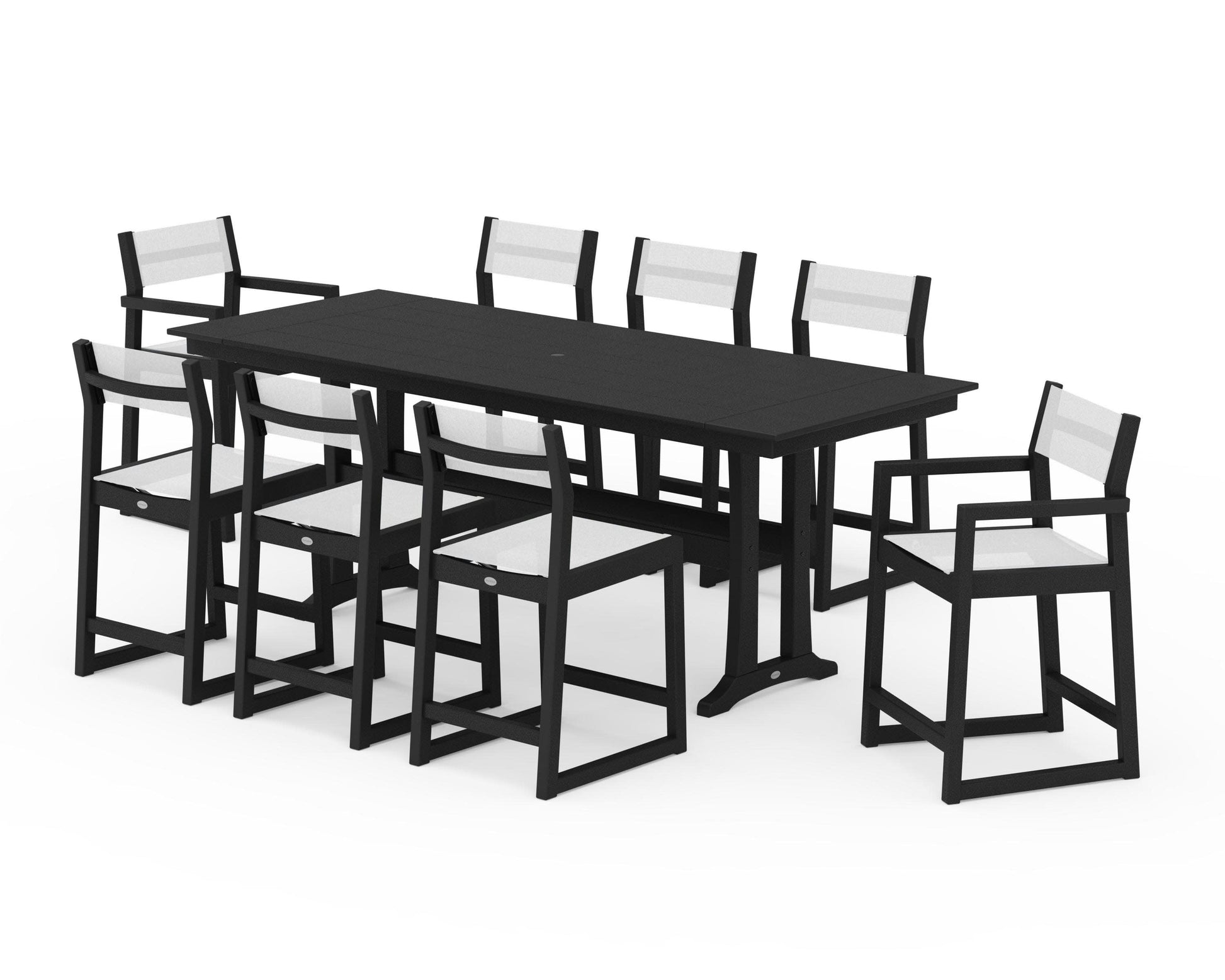 POLYWOOD EDGE Sling 9-Piece Farmhouse Counter Set with Trestle Legs — Black / White Sling