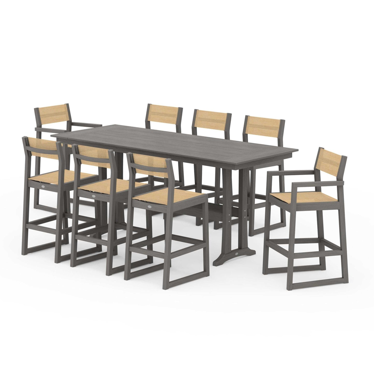 POLYWOOD EDGE Sling 9-Piece Farmhouse Bar Set with Trestle Legs — Driftwood / Dupioni Apricot Sling