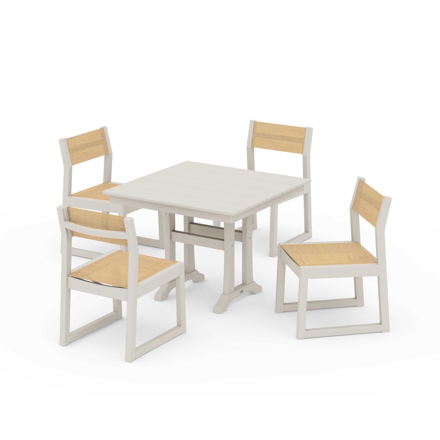 POLYWOOD EDGE Sling 5-Piece Farmhouse Trestle Side Chair Dining Set — Sand / Dupioni Apricot Sling