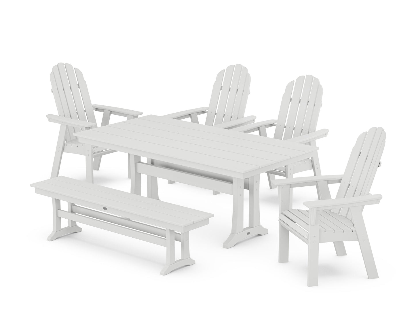 POLYWOOD Vineyard Curveback Adirondack Chair 6-Piece Farmhouse Dining Set with Trestle Legs and Bench — White