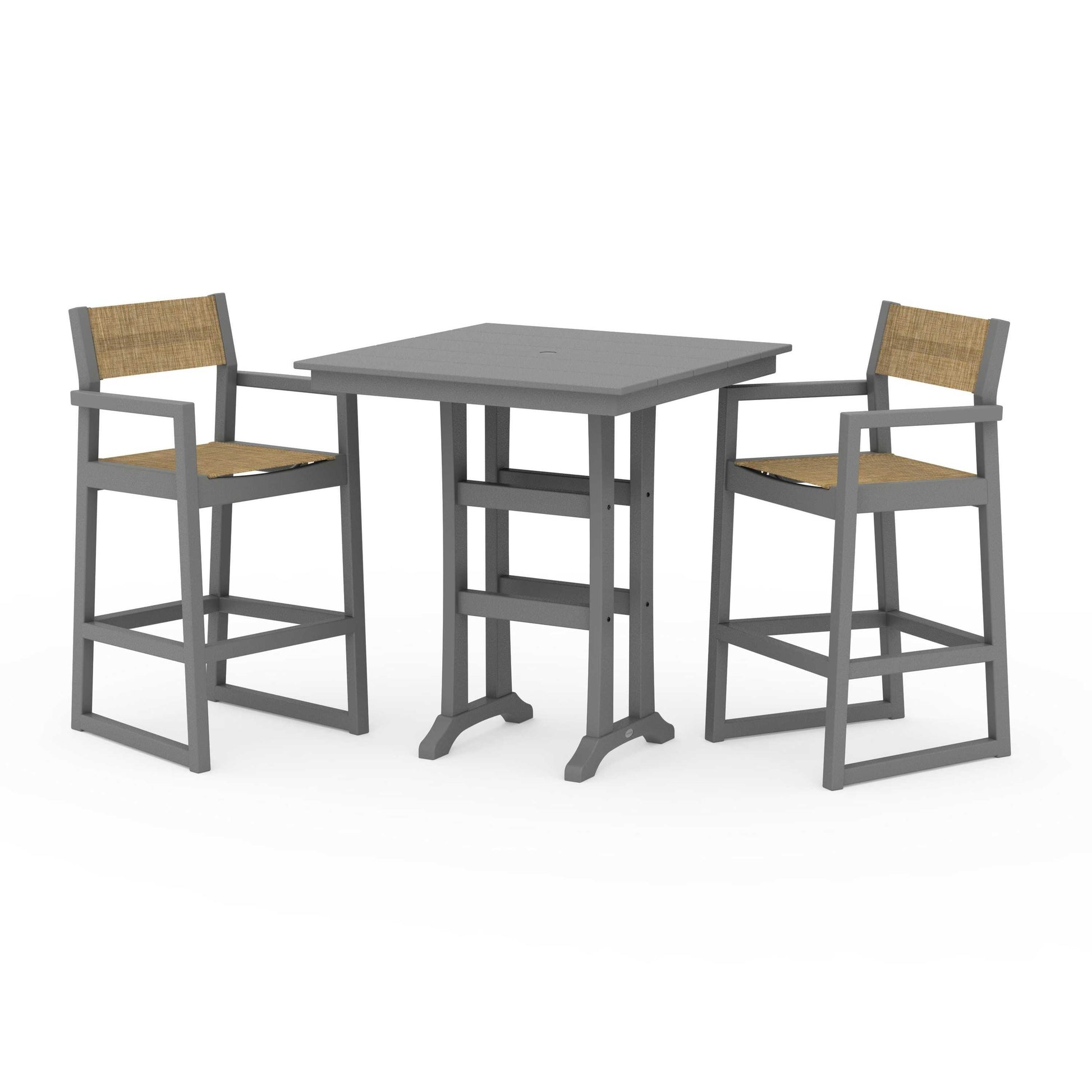 POLYWOOD EDGE Sling Arm Chair 3-Piece Farmhouse Bar Set with Trestle Legs — Slate Grey / Burlap Sling