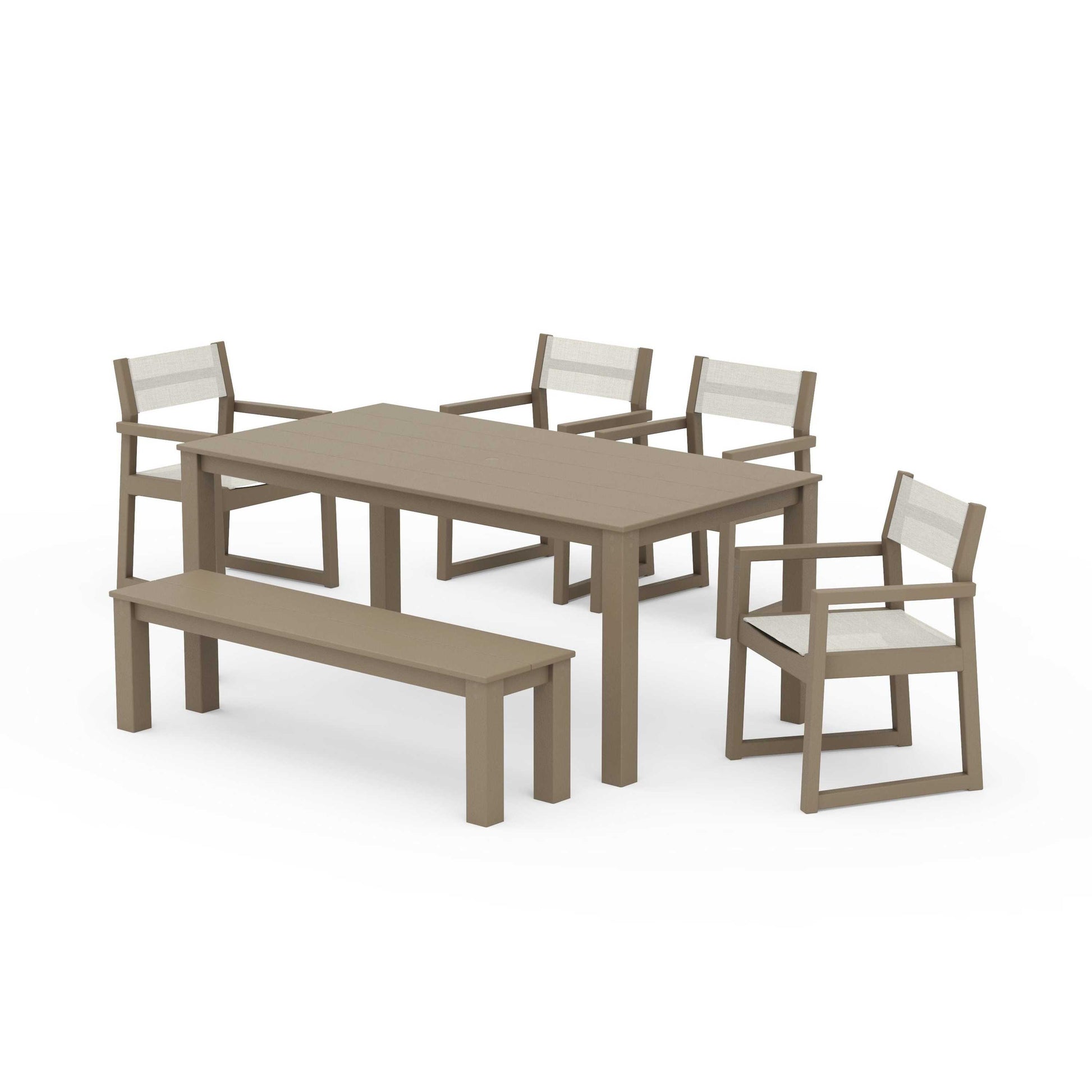 POLYWOOD EDGE Sling Arm Chair 6-Piece Parsons Dining Set with Bench — Vintage Sahara / Parchment Sling