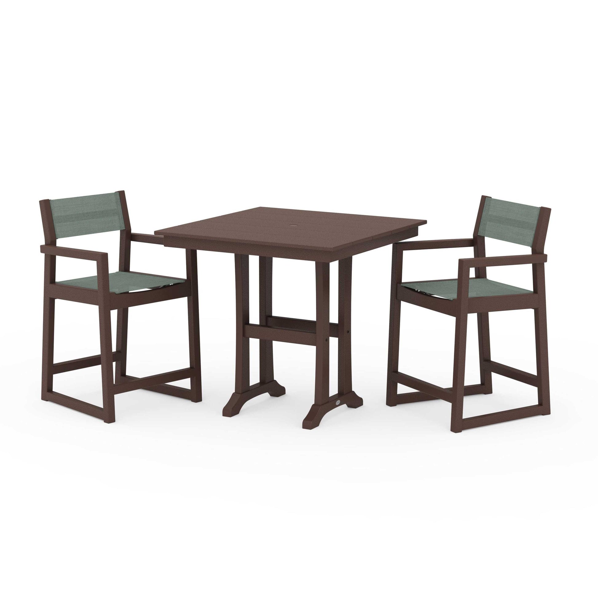 POLYWOOD EDGE Sling Arm Chair 3-Piece Farmhouse Counter Set with Trestle Legs — Mahogany / Dupioni Sea Mist Sling